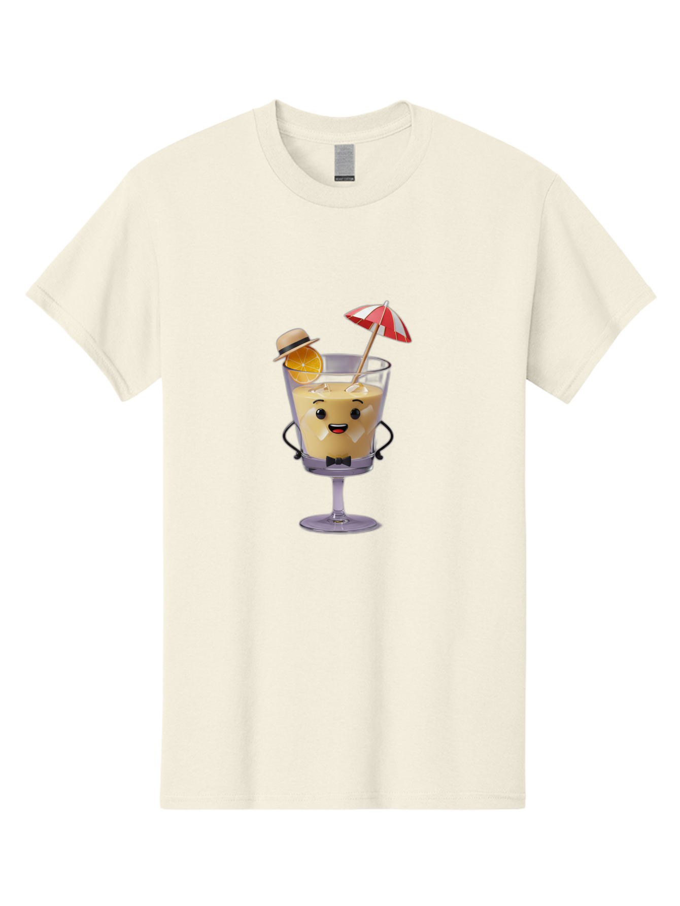 Creamy-Cocktail Men'S Graphic Tee, 100% Cotton, Comfortable Casual Summer Wear, Machine Washable, Fun Cocktail, Orange Slice, Red And White Umbrella, Beige Hat, Smiling Face, Bow Tie, Summer Drink, Refreshing Beverage Bac929
