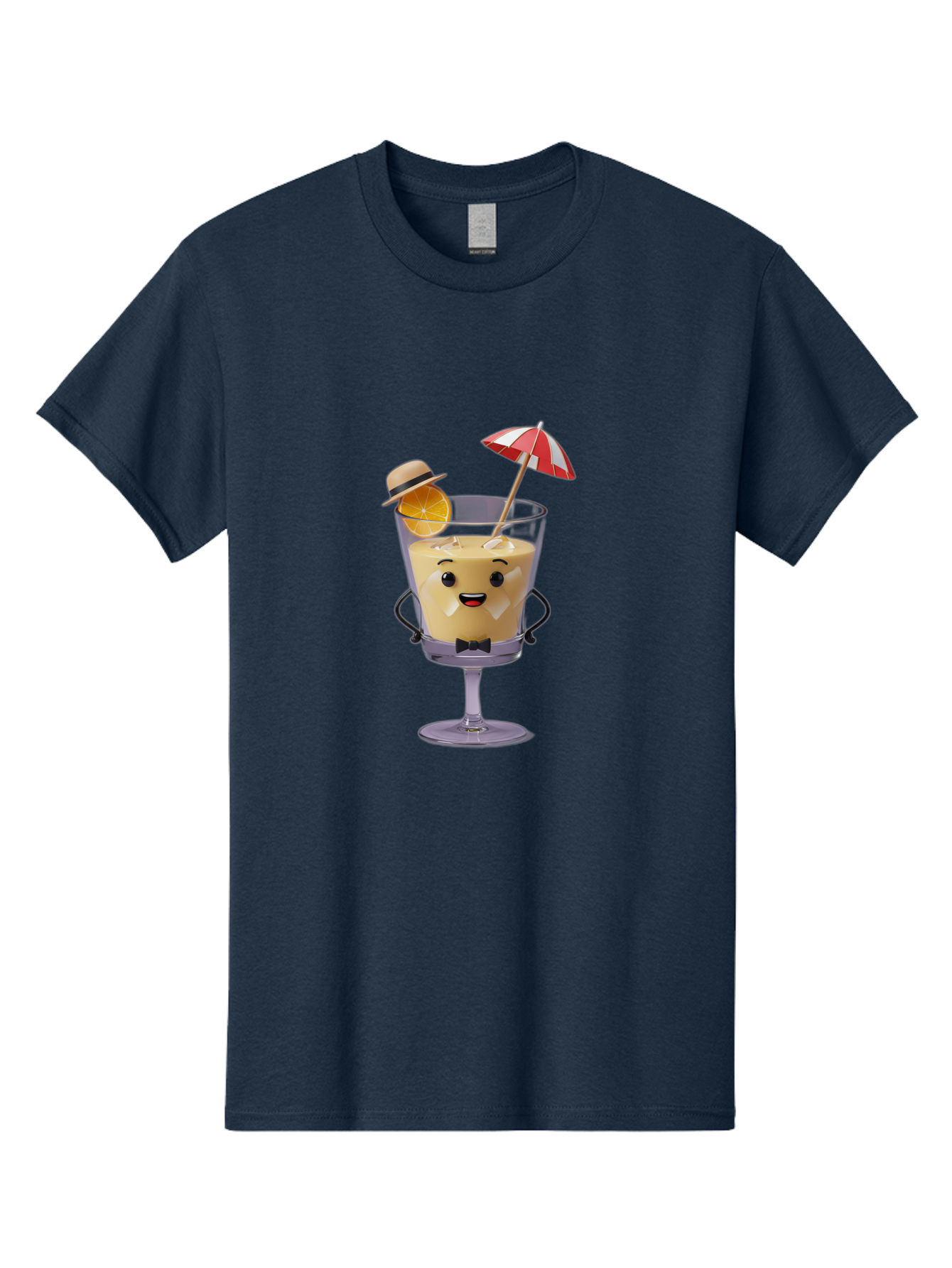Creamy-Cocktail Men'S Graphic Tee, 100% Cotton, Comfortable Casual Summer Wear, Machine Washable, Fun Cocktail, Orange Slice, Red And White Umbrella, Beige Hat, Smiling Face, Bow Tie, Summer Drink, Refreshing Beverage Bac929