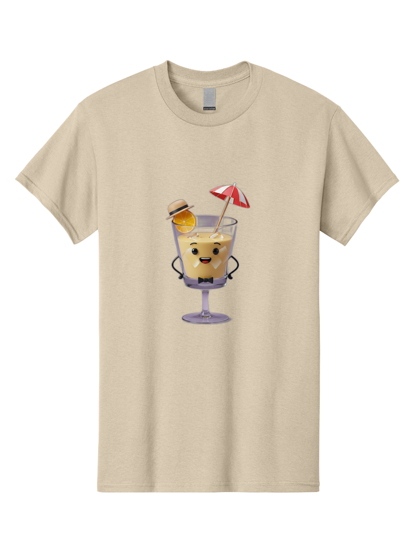 Creamy-Cocktail Men'S Graphic Tee, 100% Cotton, Comfortable Casual Summer Wear, Machine Washable, Fun Cocktail, Orange Slice, Red And White Umbrella, Beige Hat, Smiling Face, Bow Tie, Summer Drink, Refreshing Beverage Bac929