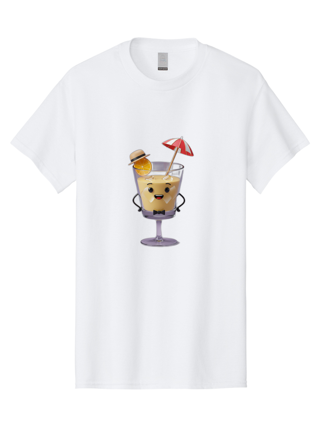 Creamy-Cocktail Men'S Graphic Tee, 100% Cotton, Comfortable Casual Summer Wear, Machine Washable, Fun Cocktail, Orange Slice, Red And White Umbrella, Beige Hat, Smiling Face, Bow Tie, Summer Drink, Refreshing Beverage Bac929