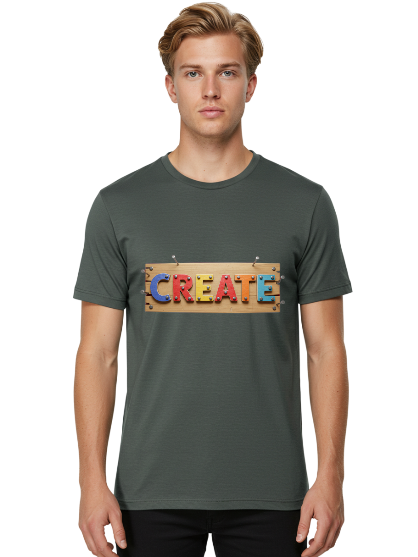 Create Men'S Graphic Tee, 100% Cotton, Comfortable Casual Summer Wear, Machine Washable, Create Sign, Wooden Board, Colorful Letters, Metal Screws, Creative Inspiration, Artistic Expression, Diy Projects, Imagination Sparks, Vibrant Colors Bac930