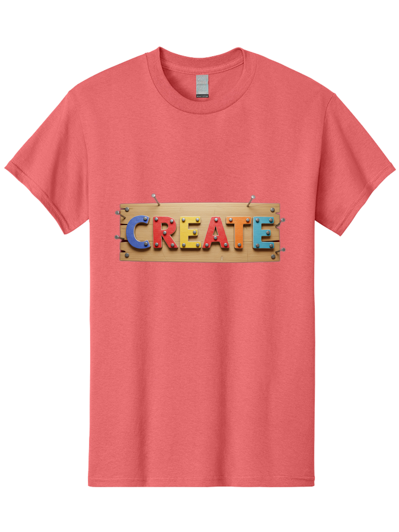 Create Men'S Graphic Tee, 100% Cotton, Comfortable Casual Summer Wear, Machine Washable, Create Sign, Wooden Board, Colorful Letters, Metal Screws, Creative Inspiration, Artistic Expression, Diy Projects, Imagination Sparks, Vibrant Colors Bac930