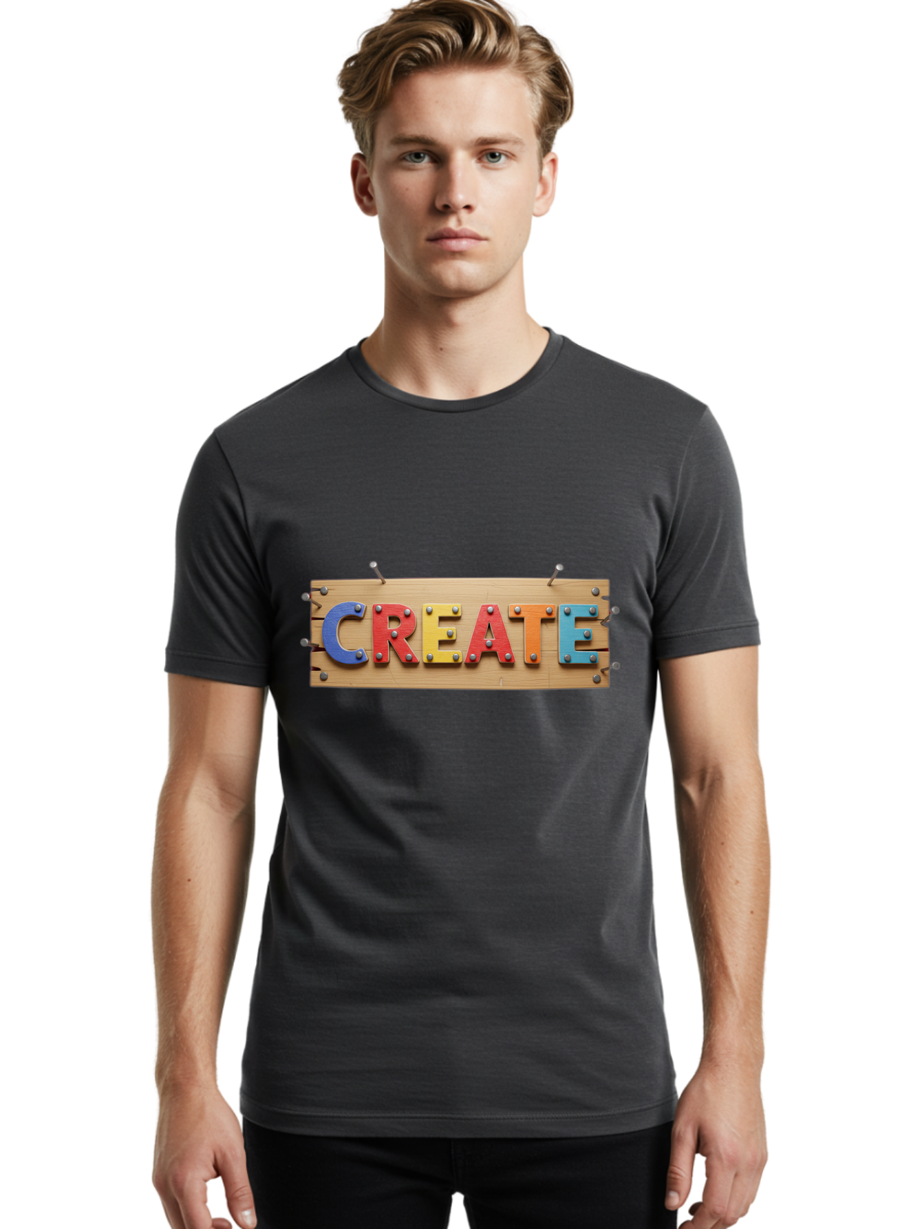 Create Men'S Graphic Tee, 100% Cotton, Comfortable Casual Summer Wear, Machine Washable, Create Sign, Wooden Board, Colorful Letters, Metal Screws, Creative Inspiration, Artistic Expression, Diy Projects, Imagination Sparks, Vibrant Colors Bac930