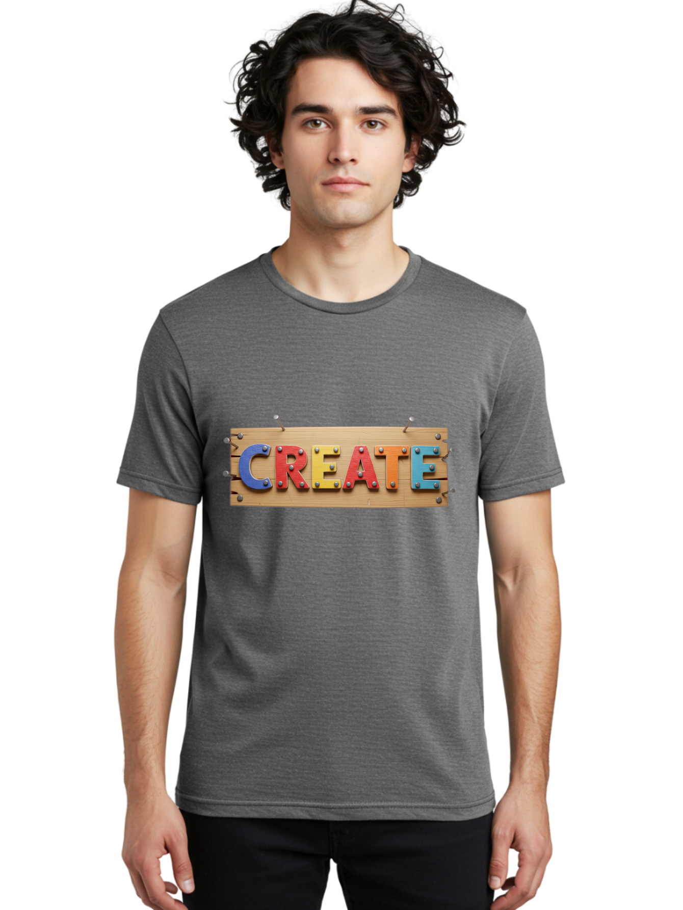 Create Men'S Graphic Tee, 100% Cotton, Comfortable Casual Summer Wear, Machine Washable, Create Sign, Wooden Board, Colorful Letters, Metal Screws, Creative Inspiration, Artistic Expression, Diy Projects, Imagination Sparks, Vibrant Colors Bac930