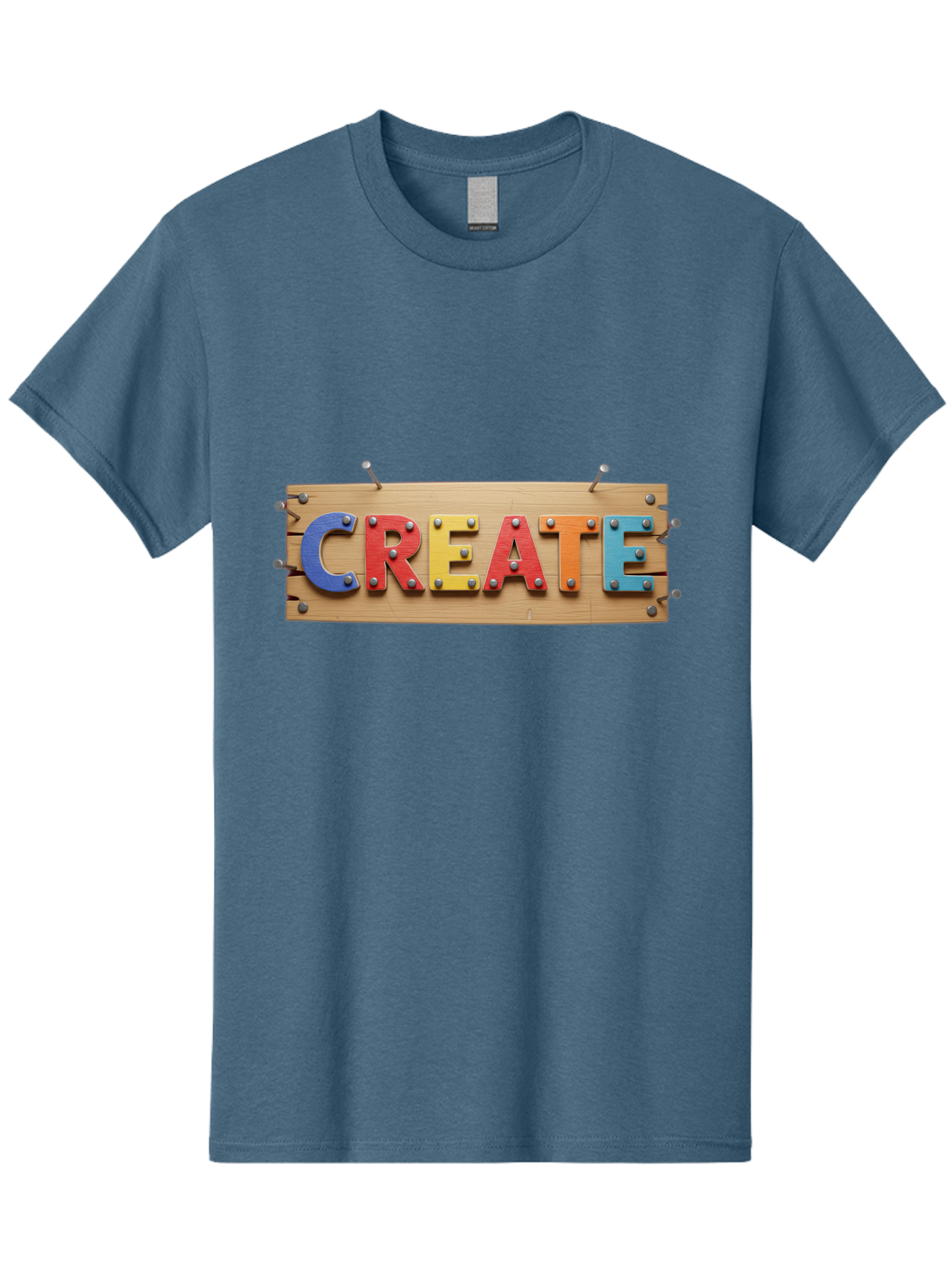 Create Men'S Graphic Tee, 100% Cotton, Comfortable Casual Summer Wear, Machine Washable, Create Sign, Wooden Board, Colorful Letters, Metal Screws, Creative Inspiration, Artistic Expression, Diy Projects, Imagination Sparks, Vibrant Colors Bac930