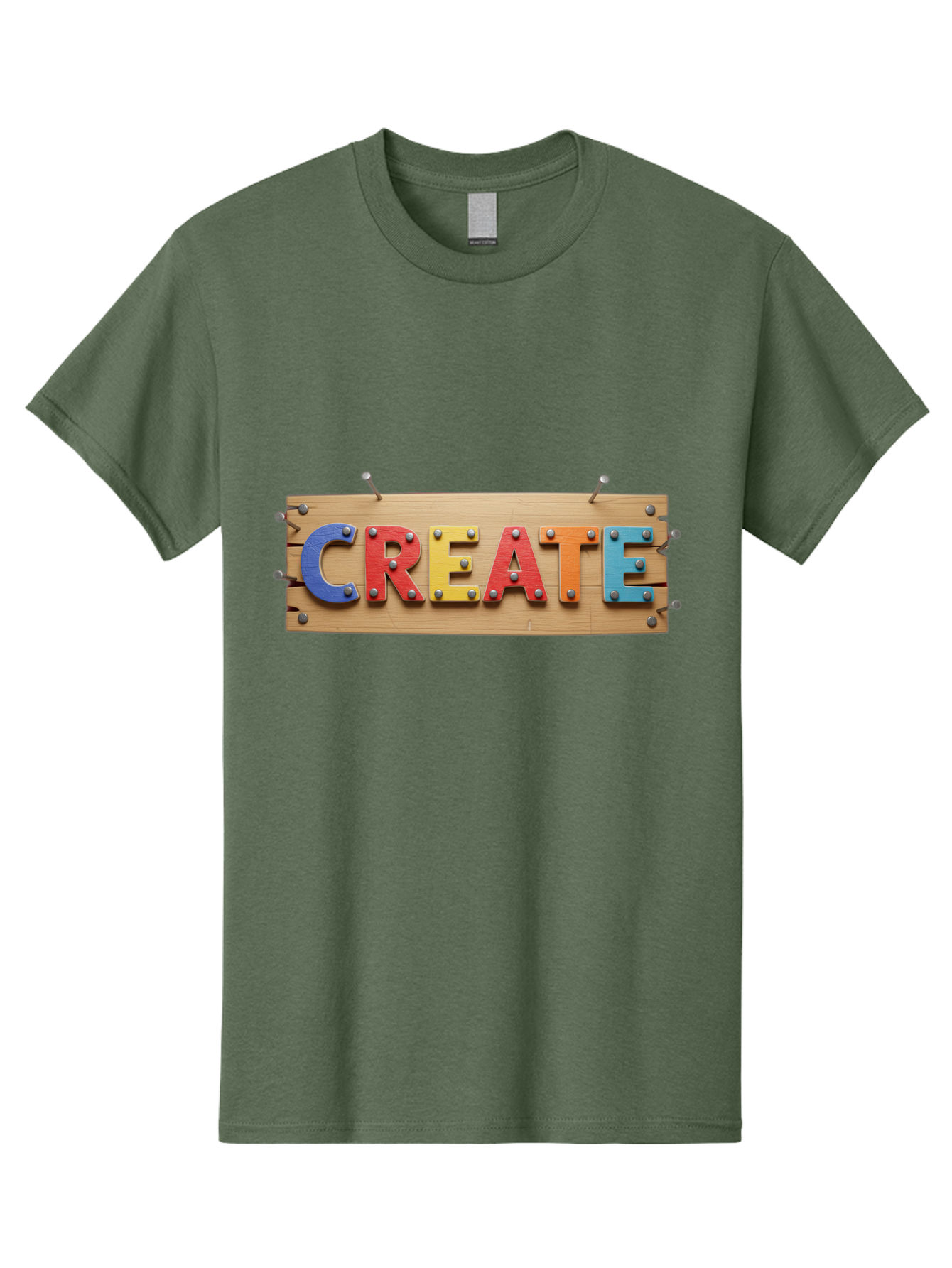 Create Men'S Graphic Tee, 100% Cotton, Comfortable Casual Summer Wear, Machine Washable, Create Sign, Wooden Board, Colorful Letters, Metal Screws, Creative Inspiration, Artistic Expression, Diy Projects, Imagination Sparks, Vibrant Colors Bac930