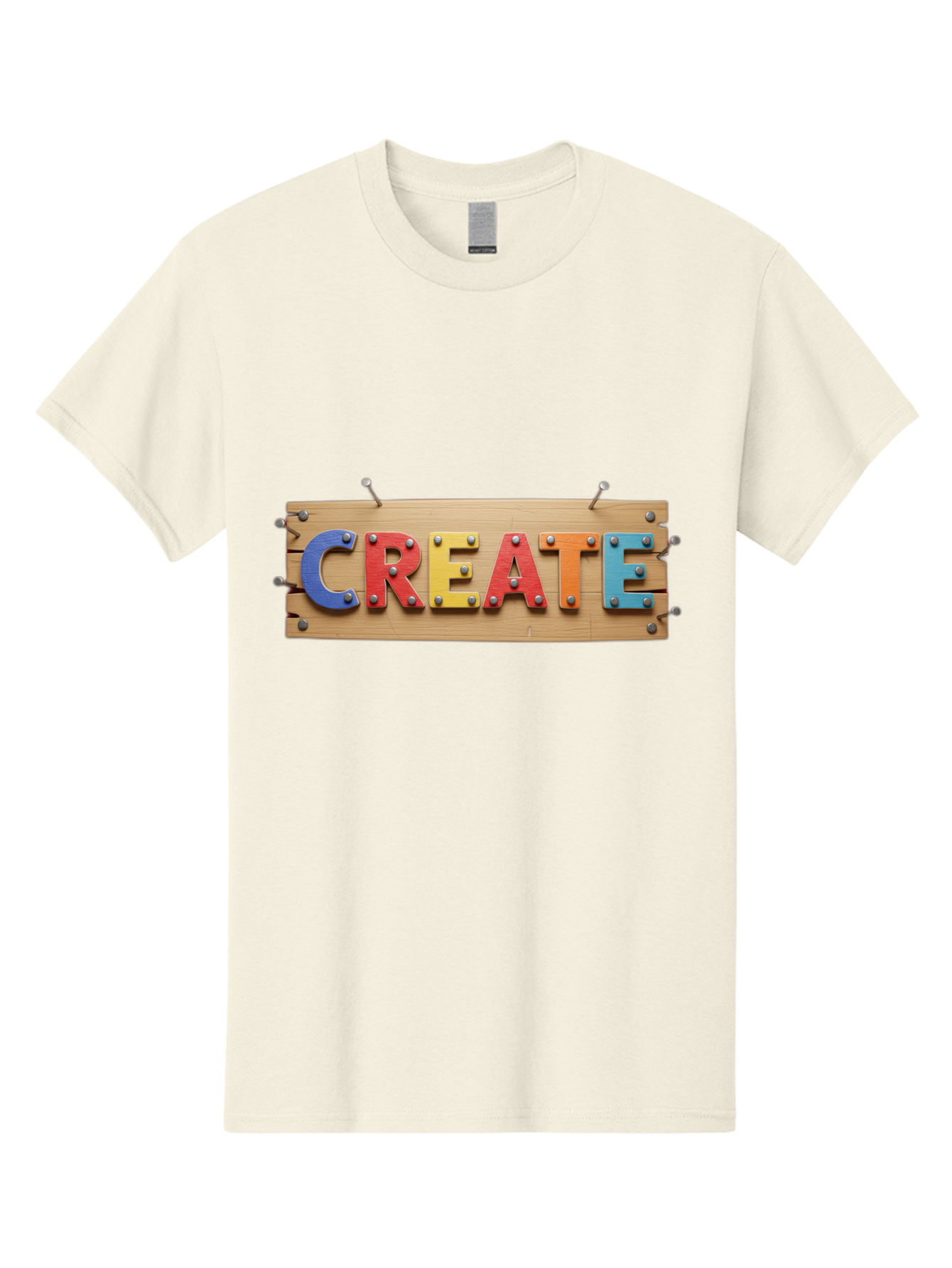 Create Men'S Graphic Tee, 100% Cotton, Comfortable Casual Summer Wear, Machine Washable, Create Sign, Wooden Board, Colorful Letters, Metal Screws, Creative Inspiration, Artistic Expression, Diy Projects, Imagination Sparks, Vibrant Colors Bac930