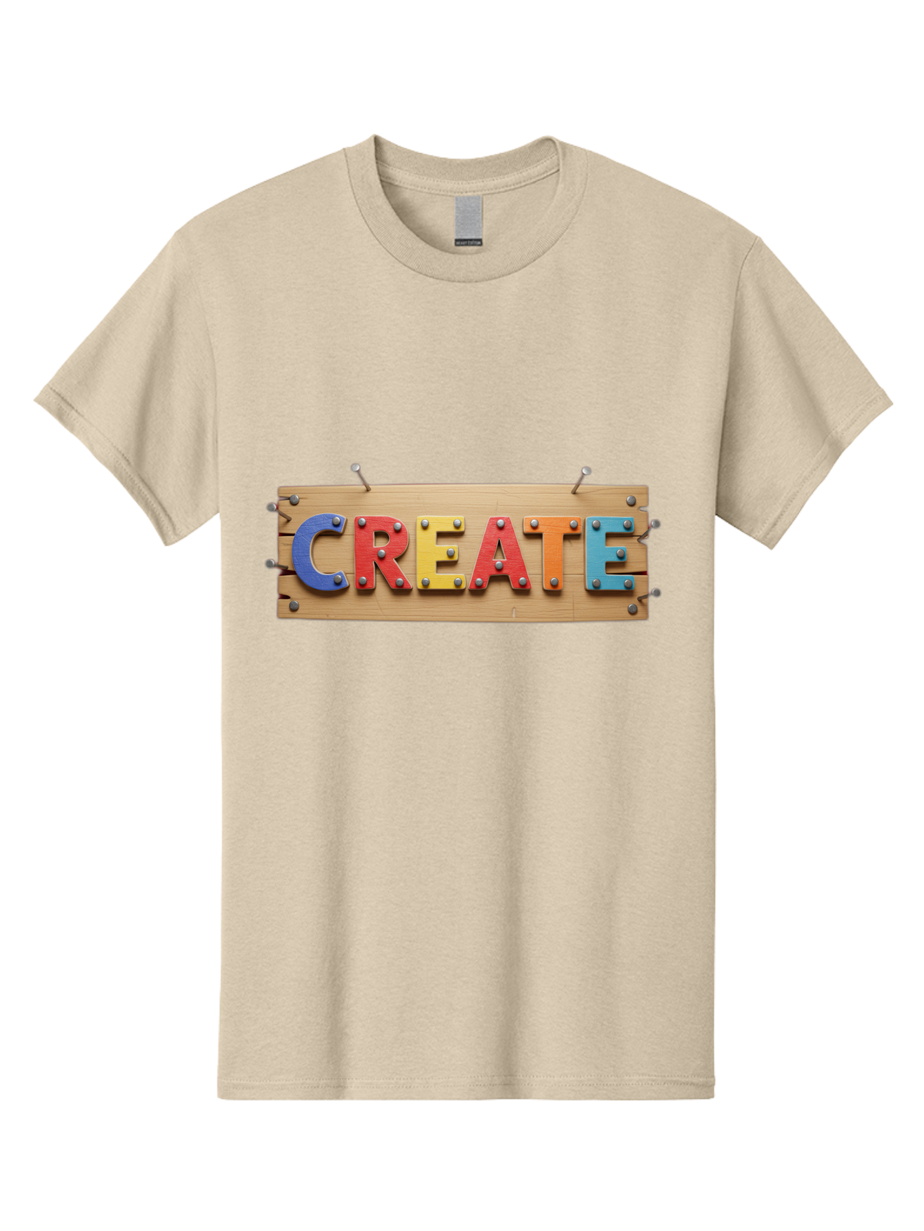 Create Men'S Graphic Tee, 100% Cotton, Comfortable Casual Summer Wear, Machine Washable, Create Sign, Wooden Board, Colorful Letters, Metal Screws, Creative Inspiration, Artistic Expression, Diy Projects, Imagination Sparks, Vibrant Colors Bac930