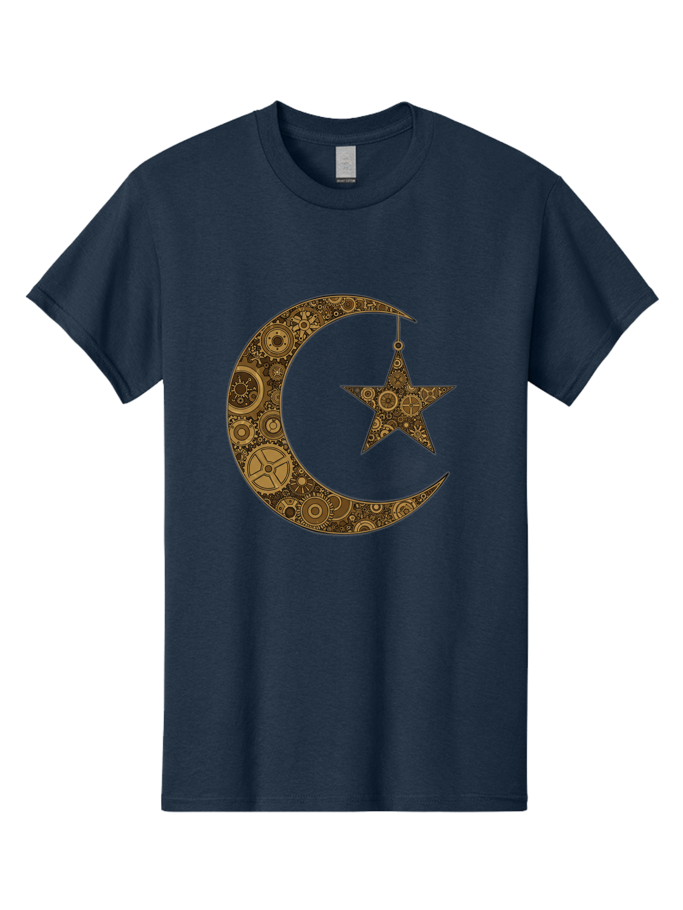 Crescent-Moon-And-Star Men'S Graphic Tee, 100% Cotton, Comfortable Casual Summer Wear, Machine Washable, Crescent Moon Symbol, Hanging Star, Intricate Gears, Mechanical Design, Steampunk Elements, Islamic Symbols, Ornate Details, Bac931