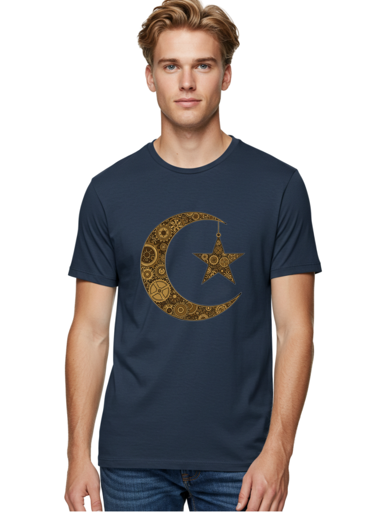 Crescent-Moon-And-Star Men'S Graphic Tee, 100% Cotton, Comfortable Casual Summer Wear, Machine Washable, Crescent Moon Symbol, Hanging Star, Intricate Gears, Mechanical Design, Steampunk Elements, Islamic Symbols, Ornate Details, Bac931