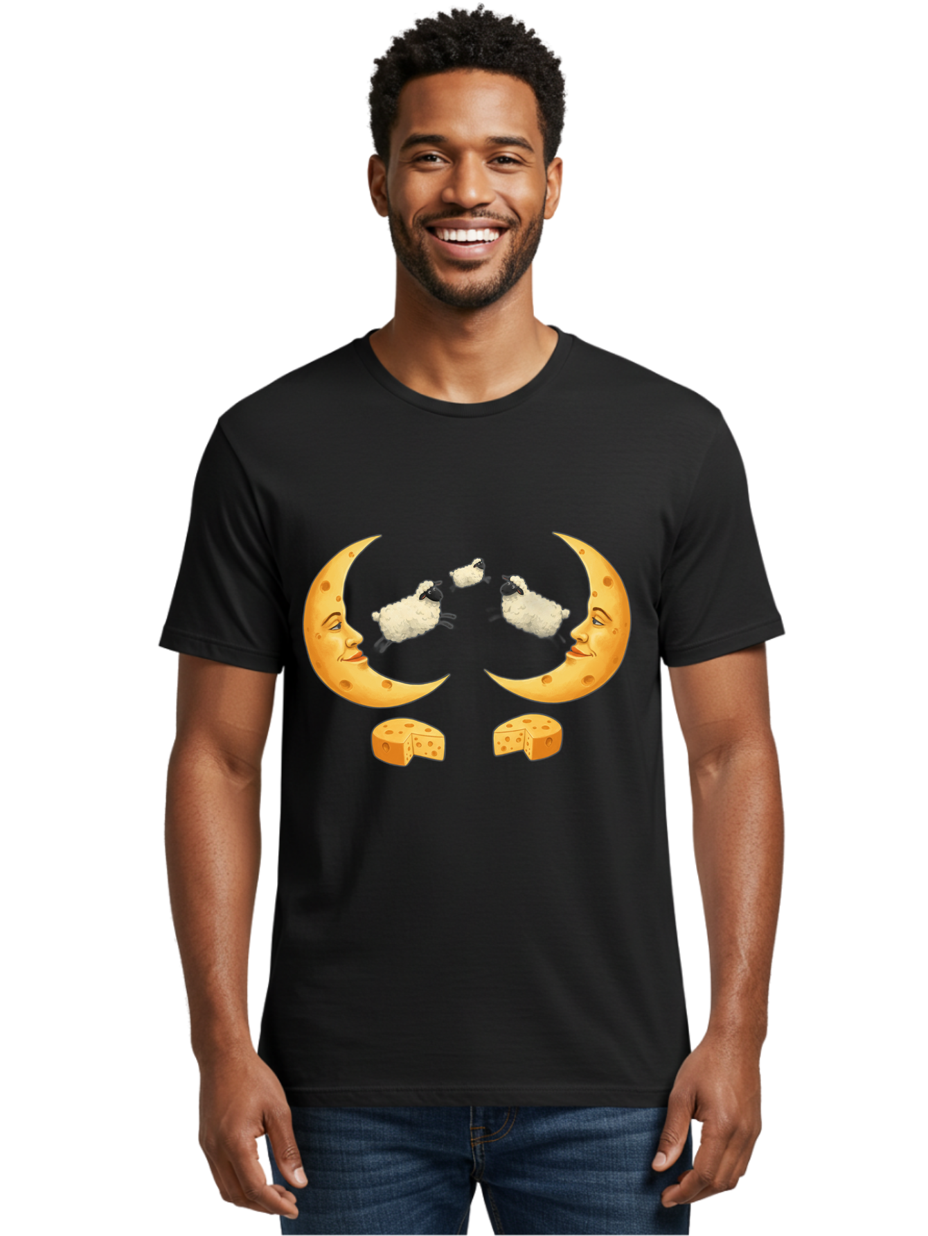 Crescent-Moon-Faces-With-Sheep-And-Cheese Men'S Graphic Tee, 100% Cotton, Comfortable Casual Summer Wear, Machine Washable, Sheep Jumping Over Cheese, Cheese Crescent Moon, Smiling Faces, Whimsical Illustration, Dairy Products, Moonlit Scene, Bac932