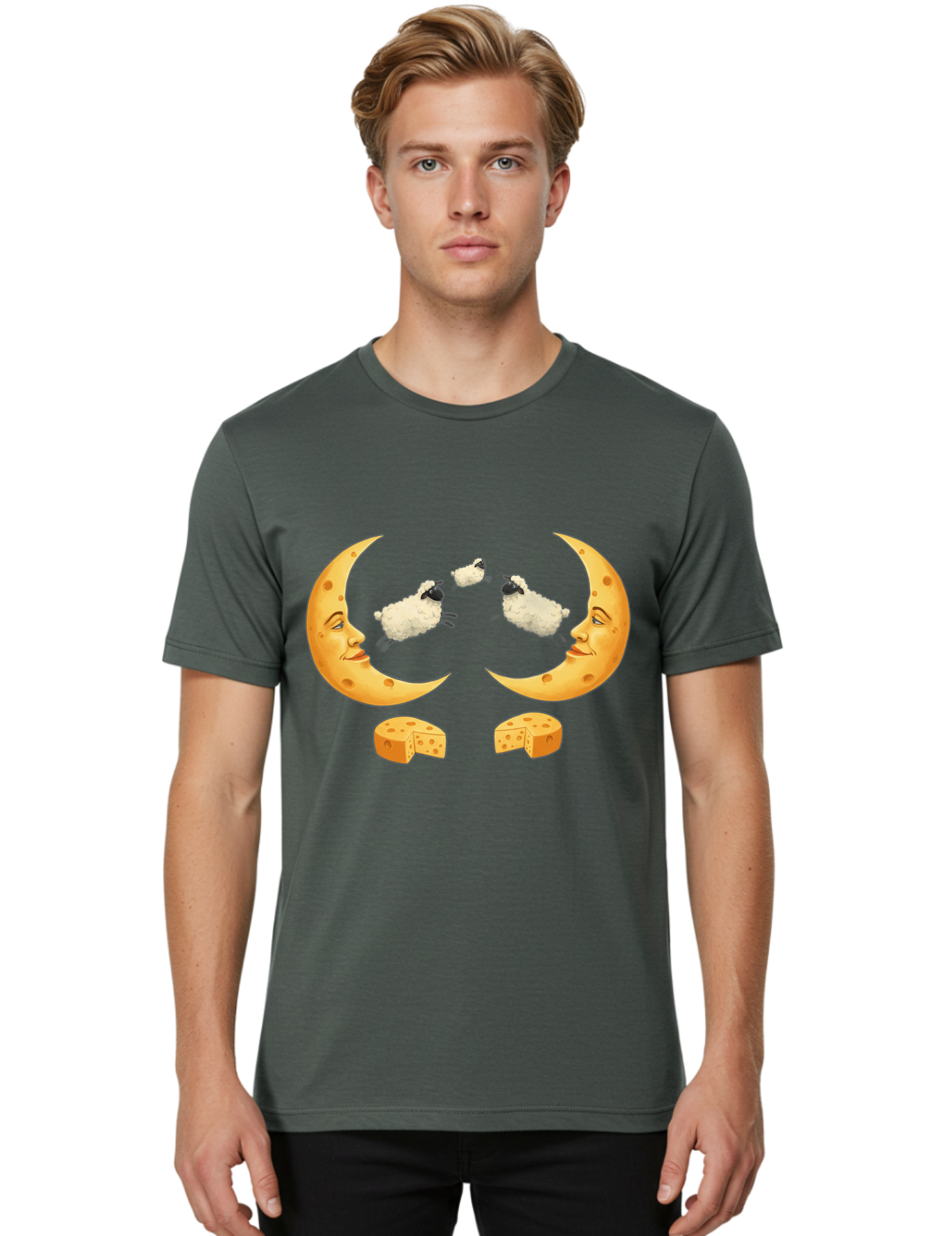 Crescent-Moon-Faces-With-Sheep-And-Cheese Men'S Graphic Tee, 100% Cotton, Comfortable Casual Summer Wear, Machine Washable, Sheep Jumping Over Cheese, Cheese Crescent Moon, Smiling Faces, Whimsical Illustration, Dairy Products, Moonlit Scene, Bac932