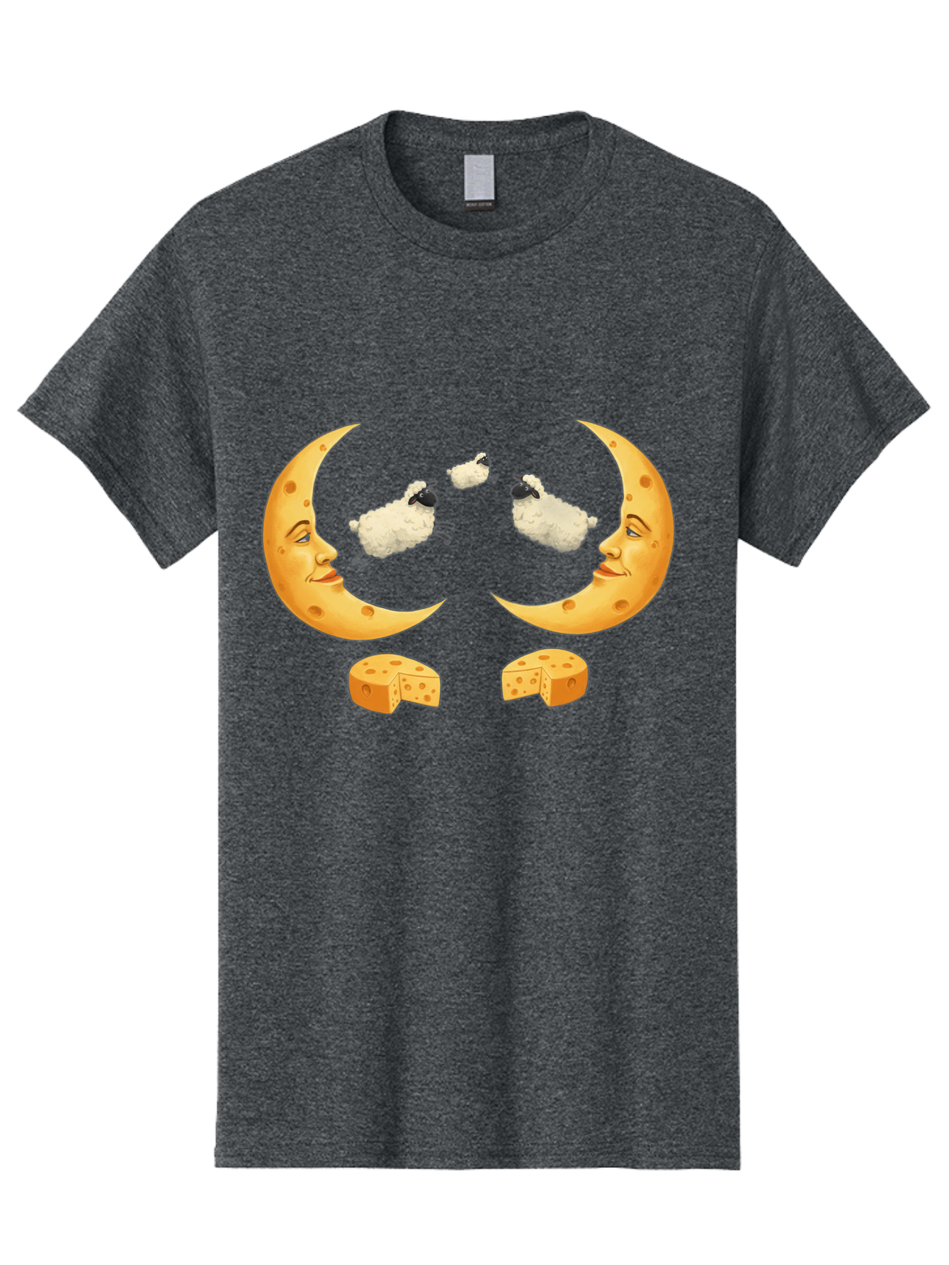 Crescent-Moon-Faces-With-Sheep-And-Cheese Men'S Graphic Tee, 100% Cotton, Comfortable Casual Summer Wear, Machine Washable, Sheep Jumping Over Cheese, Cheese Crescent Moon, Smiling Faces, Whimsical Illustration, Dairy Products, Moonlit Scene, Bac932