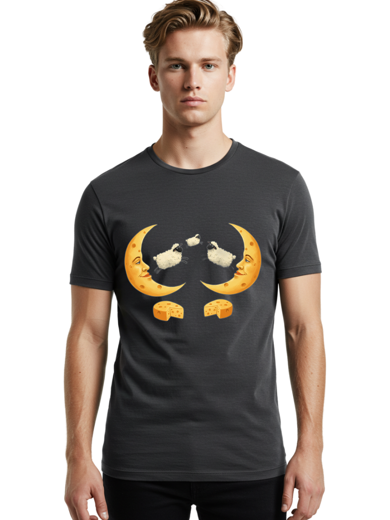 Crescent-Moon-Faces-With-Sheep-And-Cheese Men'S Graphic Tee, 100% Cotton, Comfortable Casual Summer Wear, Machine Washable, Sheep Jumping Over Cheese, Cheese Crescent Moon, Smiling Faces, Whimsical Illustration, Dairy Products, Moonlit Scene, Bac932