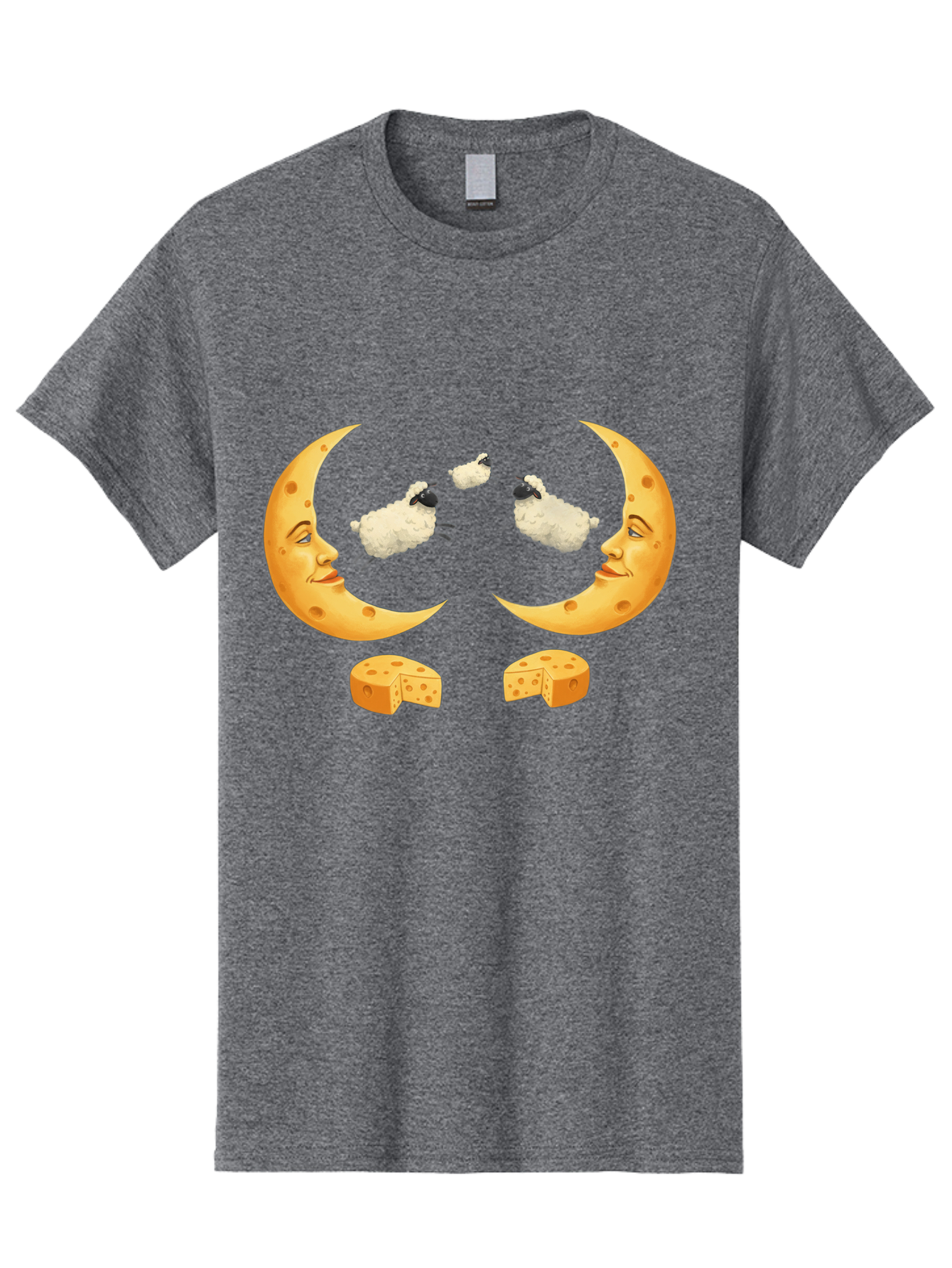 Crescent-Moon-Faces-With-Sheep-And-Cheese Men'S Graphic Tee, 100% Cotton, Comfortable Casual Summer Wear, Machine Washable, Sheep Jumping Over Cheese, Cheese Crescent Moon, Smiling Faces, Whimsical Illustration, Dairy Products, Moonlit Scene, Bac932