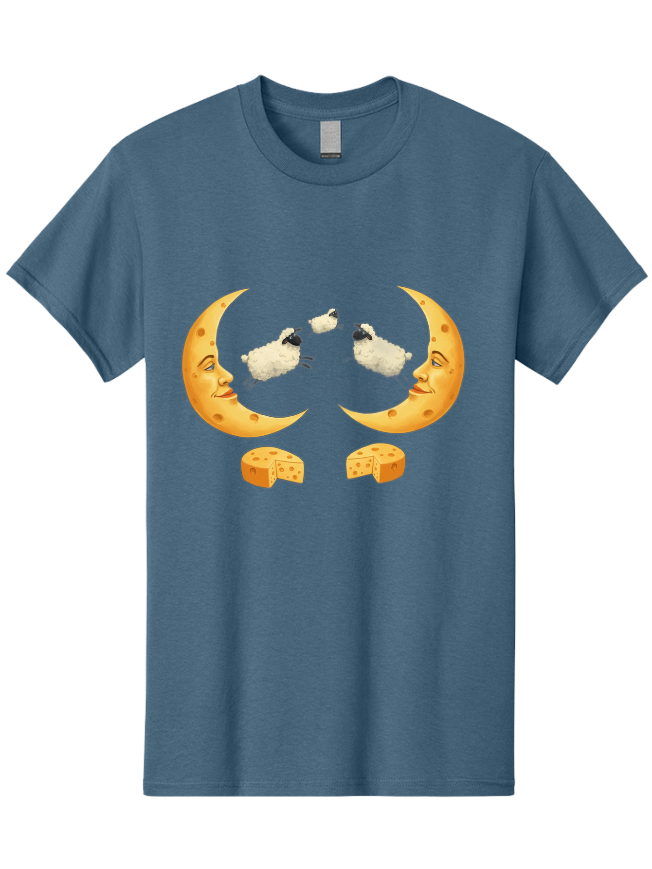 Crescent-Moon-Faces-With-Sheep-And-Cheese Men'S Graphic Tee, 100% Cotton, Comfortable Casual Summer Wear, Machine Washable, Sheep Jumping Over Cheese, Cheese Crescent Moon, Smiling Faces, Whimsical Illustration, Dairy Products, Moonlit Scene, Bac932