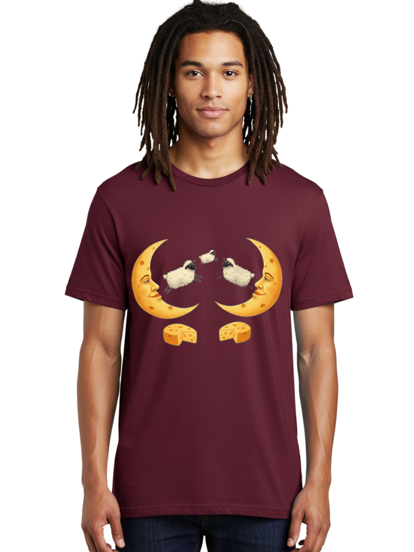 Crescent-Moon-Faces-With-Sheep-And-Cheese Men'S Graphic Tee, 100% Cotton, Comfortable Casual Summer Wear, Machine Washable, Sheep Jumping Over Cheese, Cheese Crescent Moon, Smiling Faces, Whimsical Illustration, Dairy Products, Moonlit Scene, Bac932