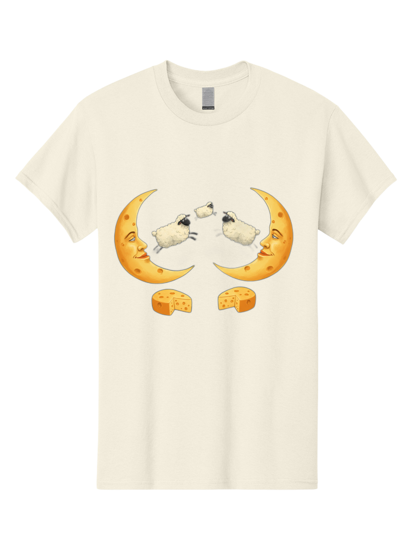 Crescent-Moon-Faces-With-Sheep-And-Cheese Men'S Graphic Tee, 100% Cotton, Comfortable Casual Summer Wear, Machine Washable, Sheep Jumping Over Cheese, Cheese Crescent Moon, Smiling Faces, Whimsical Illustration, Dairy Products, Moonlit Scene, Bac932
