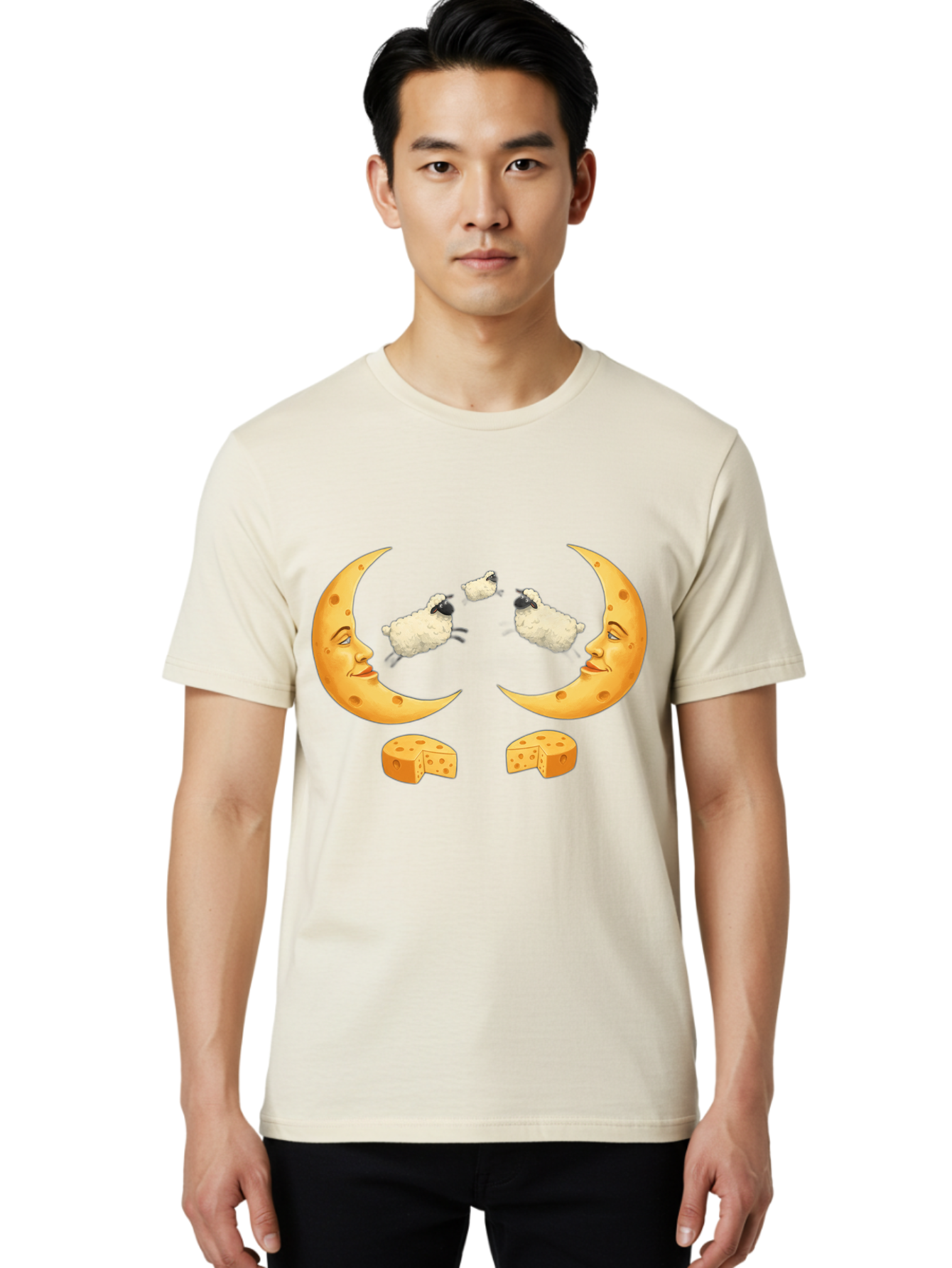 Crescent-Moon-Faces-With-Sheep-And-Cheese Men'S Graphic Tee, 100% Cotton, Comfortable Casual Summer Wear, Machine Washable, Sheep Jumping Over Cheese, Cheese Crescent Moon, Smiling Faces, Whimsical Illustration, Dairy Products, Moonlit Scene, Bac932