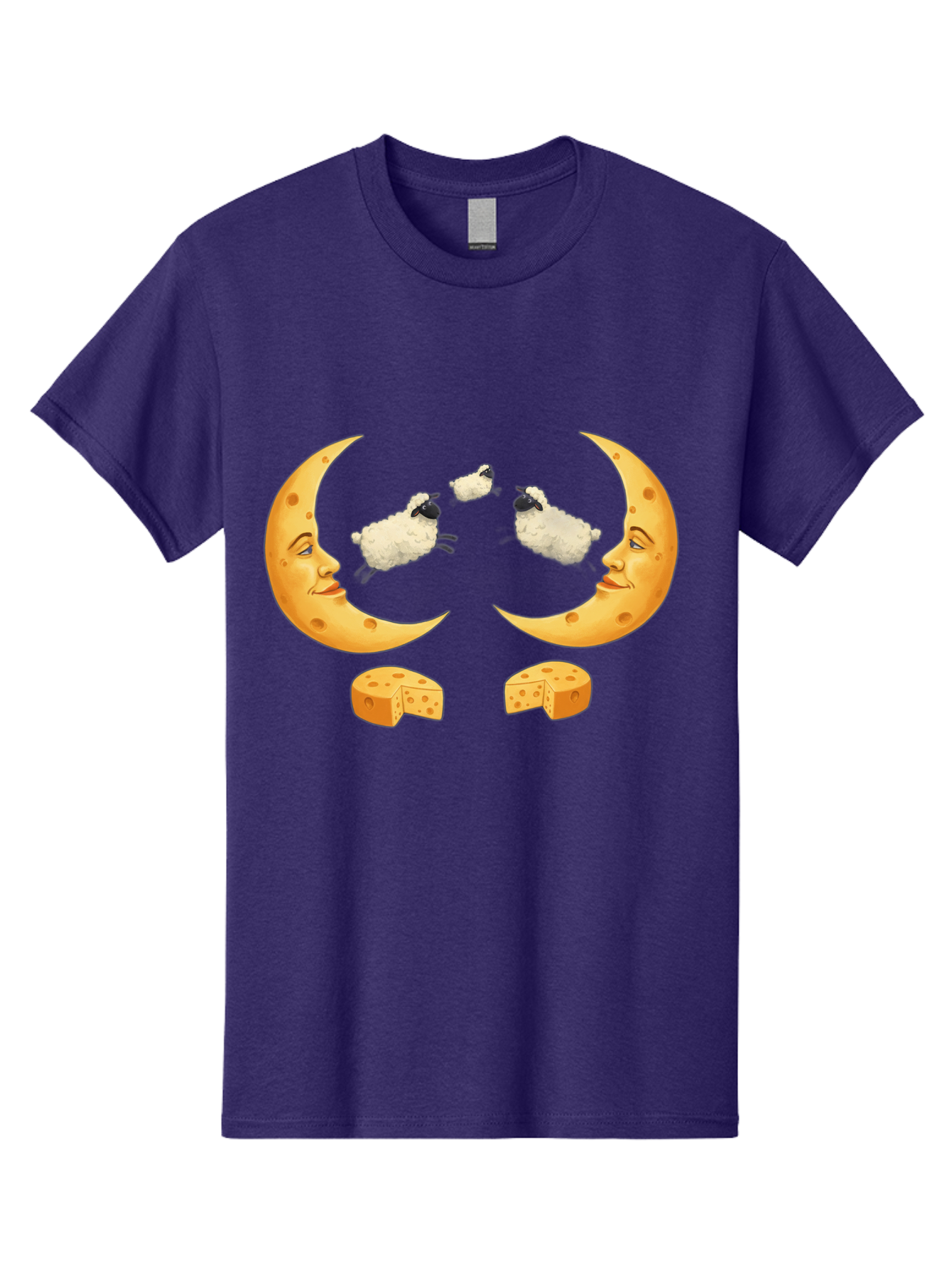 Crescent-Moon-Faces-With-Sheep-And-Cheese Men'S Graphic Tee, 100% Cotton, Comfortable Casual Summer Wear, Machine Washable, Sheep Jumping Over Cheese, Cheese Crescent Moon, Smiling Faces, Whimsical Illustration, Dairy Products, Moonlit Scene, Bac932