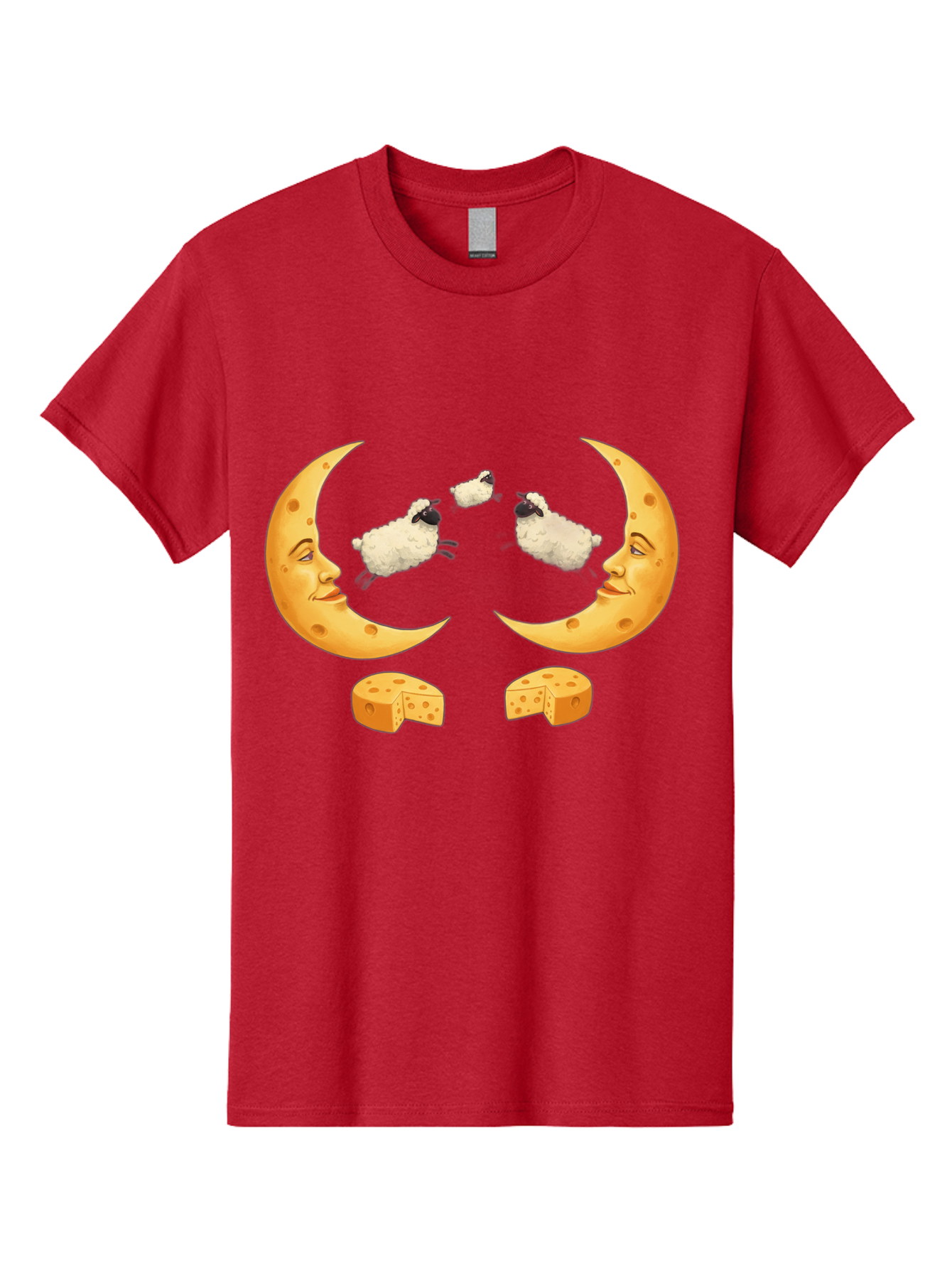 Crescent-Moon-Faces-With-Sheep-And-Cheese Men'S Graphic Tee, 100% Cotton, Comfortable Casual Summer Wear, Machine Washable, Sheep Jumping Over Cheese, Cheese Crescent Moon, Smiling Faces, Whimsical Illustration, Dairy Products, Moonlit Scene, Bac932