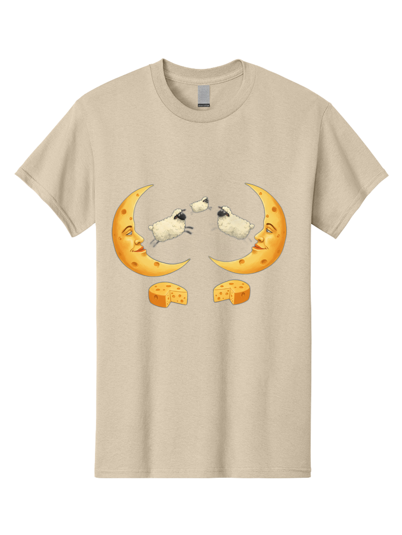 Crescent-Moon-Faces-With-Sheep-And-Cheese Men'S Graphic Tee, 100% Cotton, Comfortable Casual Summer Wear, Machine Washable, Sheep Jumping Over Cheese, Cheese Crescent Moon, Smiling Faces, Whimsical Illustration, Dairy Products, Moonlit Scene, Bac932