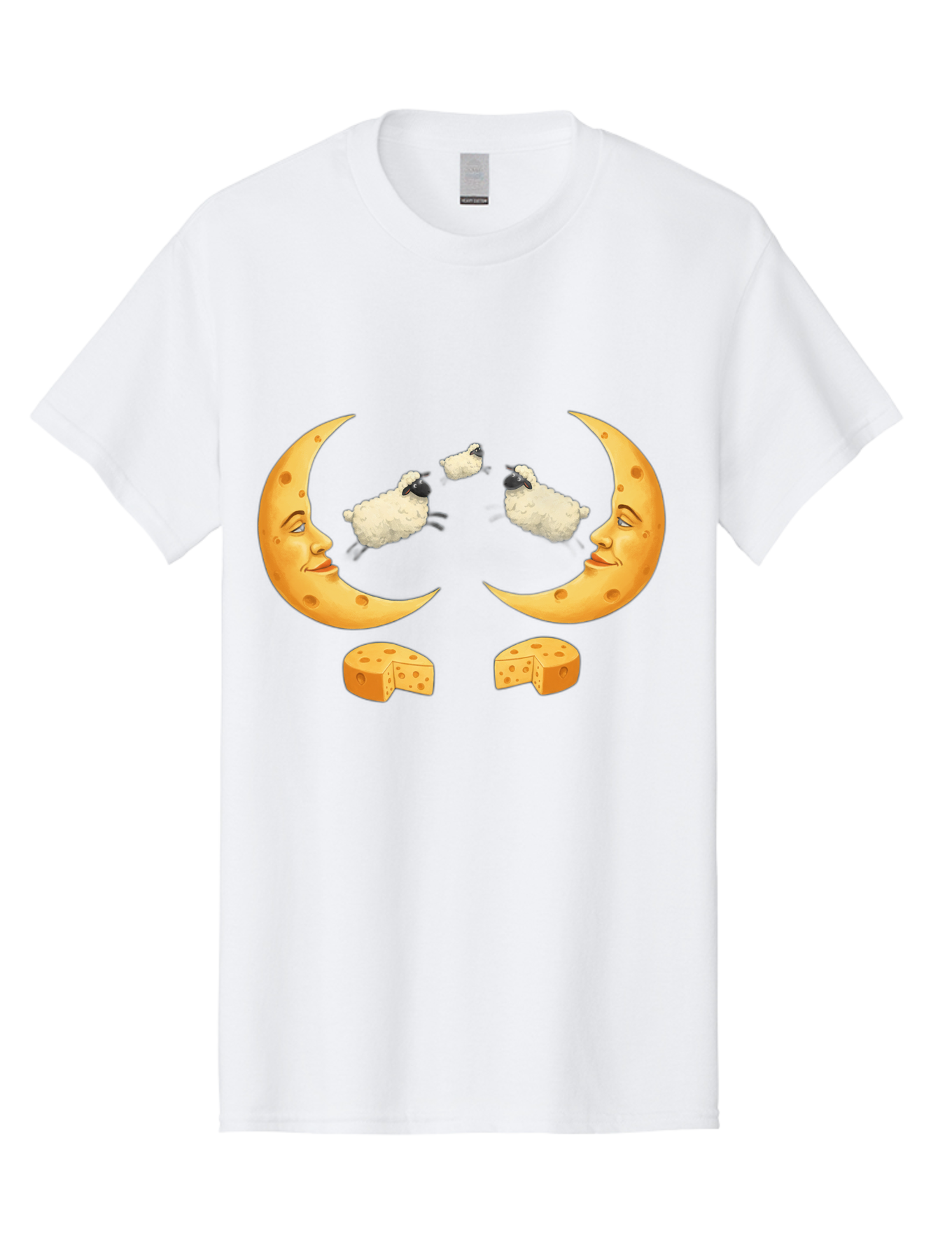 Crescent-Moon-Faces-With-Sheep-And-Cheese Men'S Graphic Tee, 100% Cotton, Comfortable Casual Summer Wear, Machine Washable, Sheep Jumping Over Cheese, Cheese Crescent Moon, Smiling Faces, Whimsical Illustration, Dairy Products, Moonlit Scene, Bac932