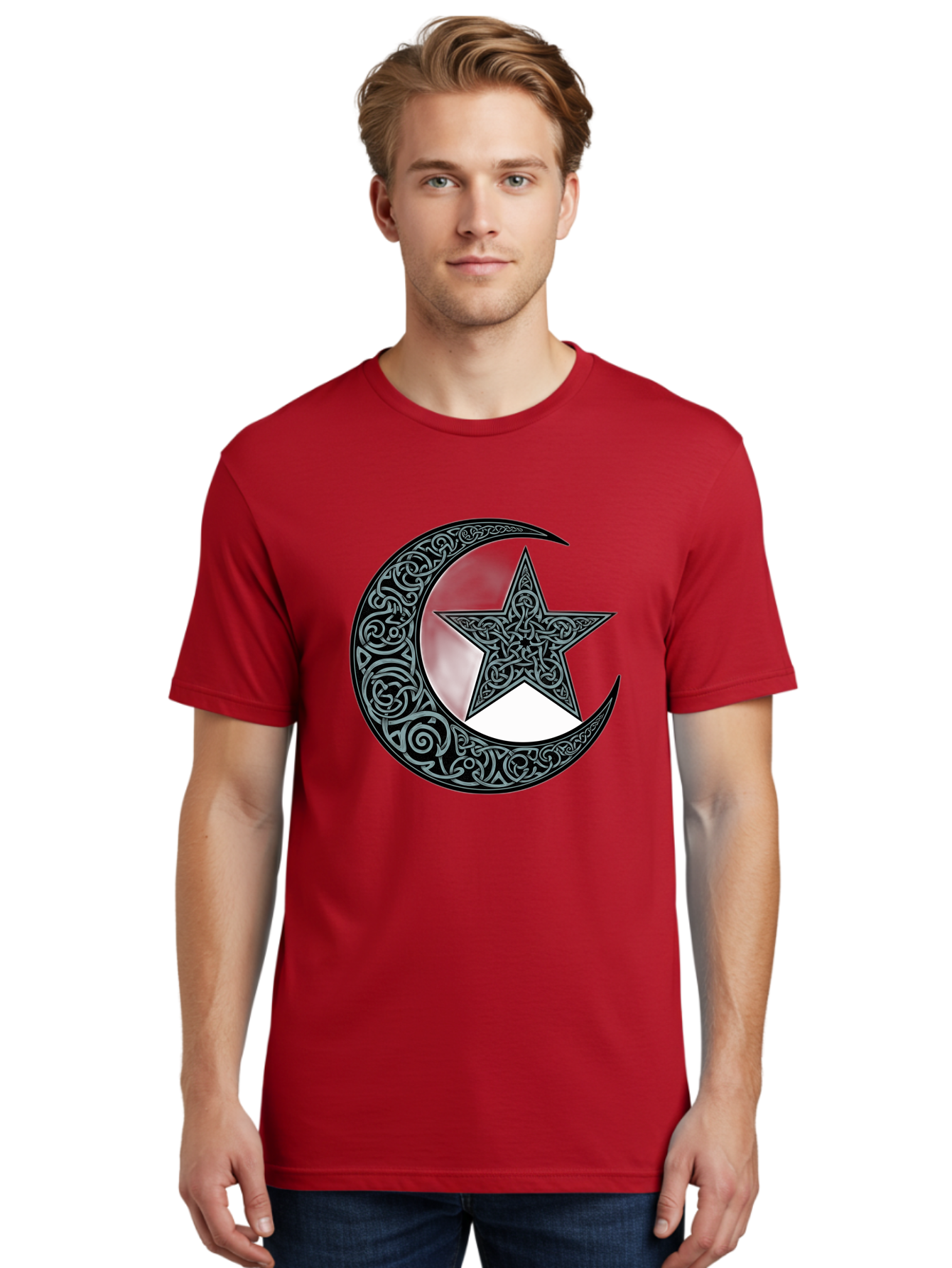 Crescent-Moon-Star Men'S Graphic Tee, 100% Cotton, Comfortable Casual Summer Wear, Machine Washable, Crescent Moon, Star Symbol, Islamic Symbol, Arabic Art, Intricate Designs, Ornate Patterns, Cultural Heritage, Islamic Art, Bac933