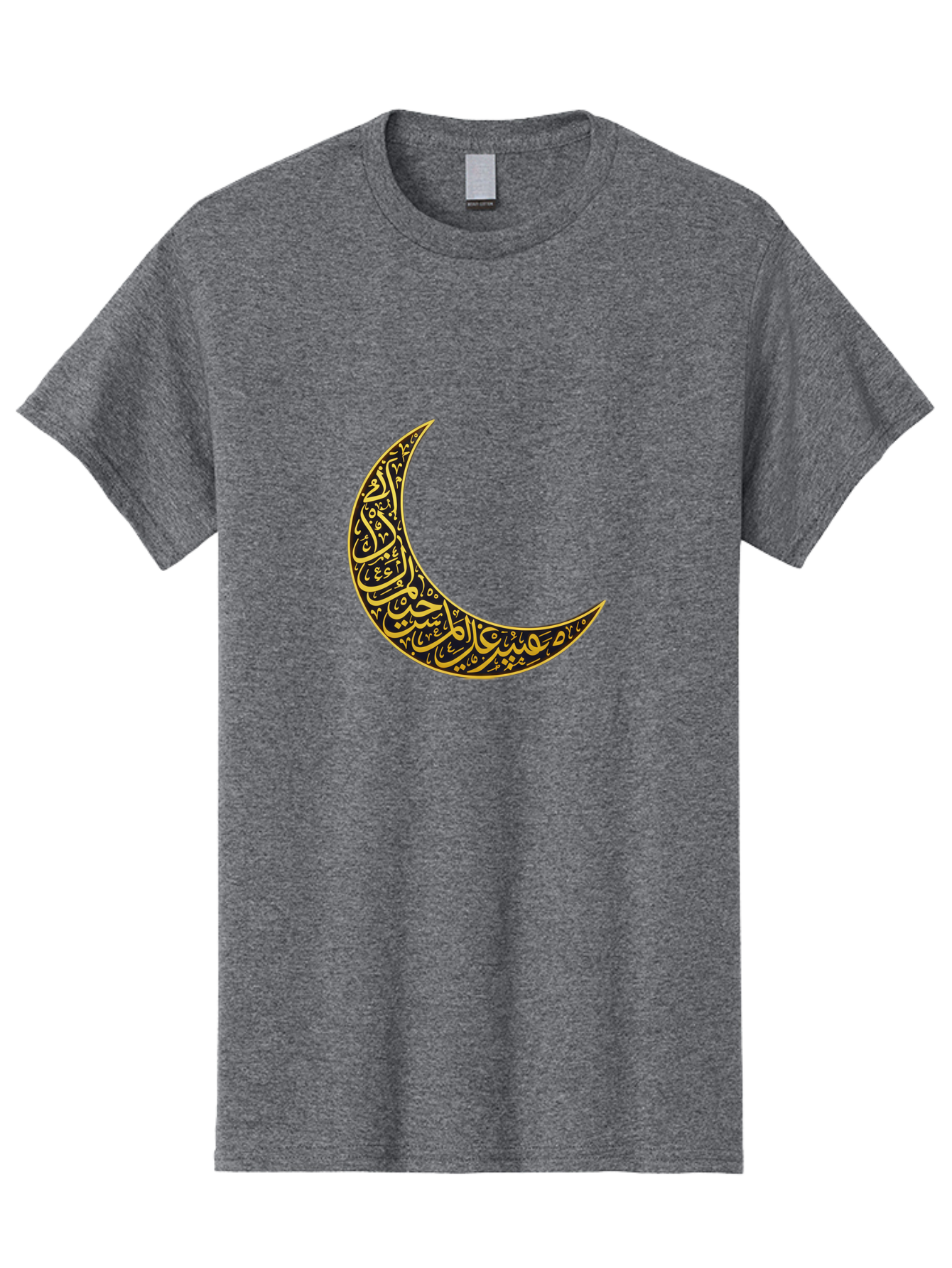 Crescent-Moon-With-Arabic-Calligraphy Men'S Graphic Tee, 100% Cotton, Comfortable Casual Summer Wear, Machine Washable, Crescent Moon, Islamic Calligraphy, Arabic Script, Golden Hues, Intricate Patterns, Traditional Islamic Art, Ramadan Symbol Bac934
