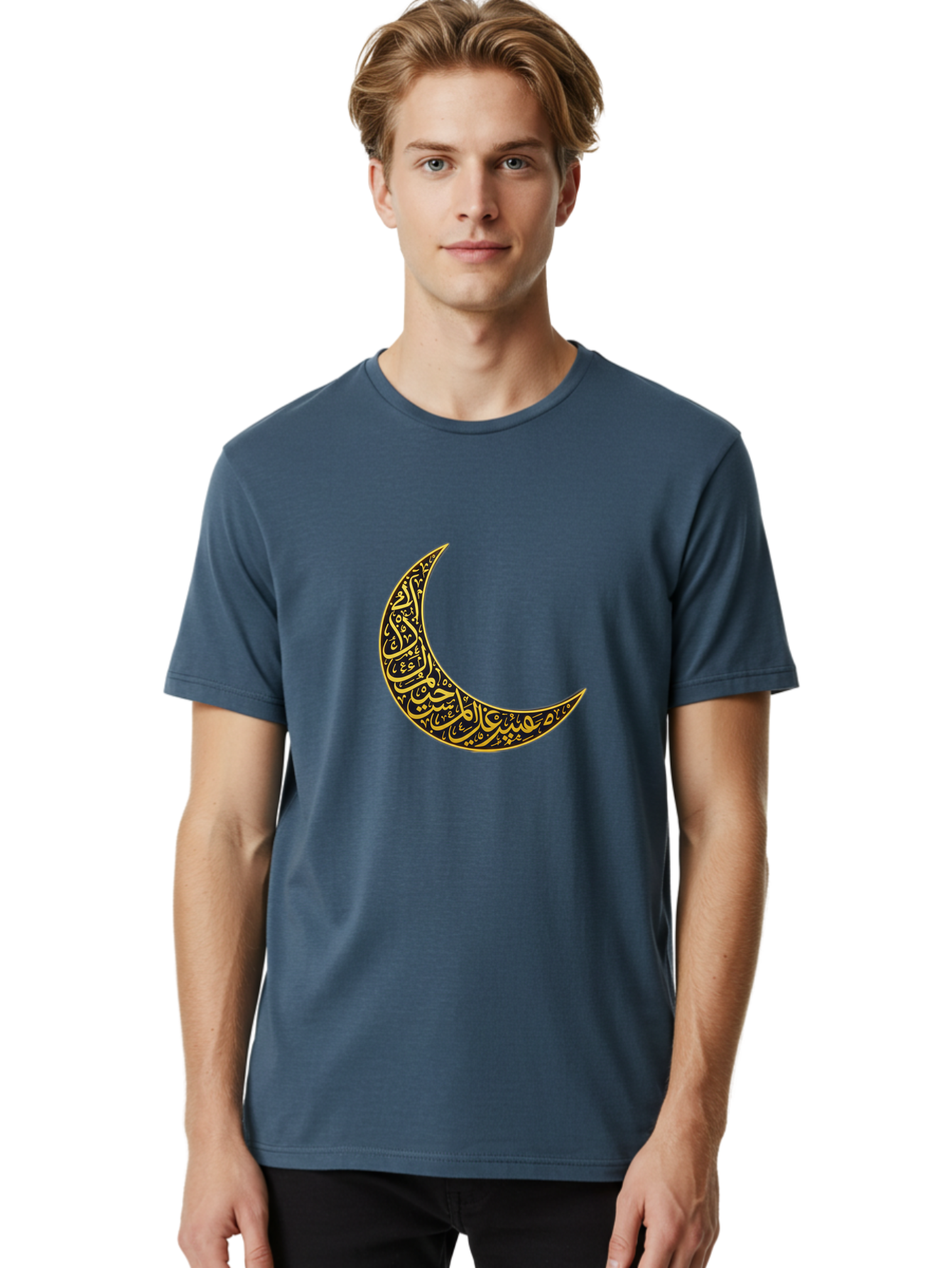 Crescent-Moon-With-Arabic-Calligraphy Men'S Graphic Tee, 100% Cotton, Comfortable Casual Summer Wear, Machine Washable, Crescent Moon, Islamic Calligraphy, Arabic Script, Golden Hues, Intricate Patterns, Traditional Islamic Art, Ramadan Symbol Bac934