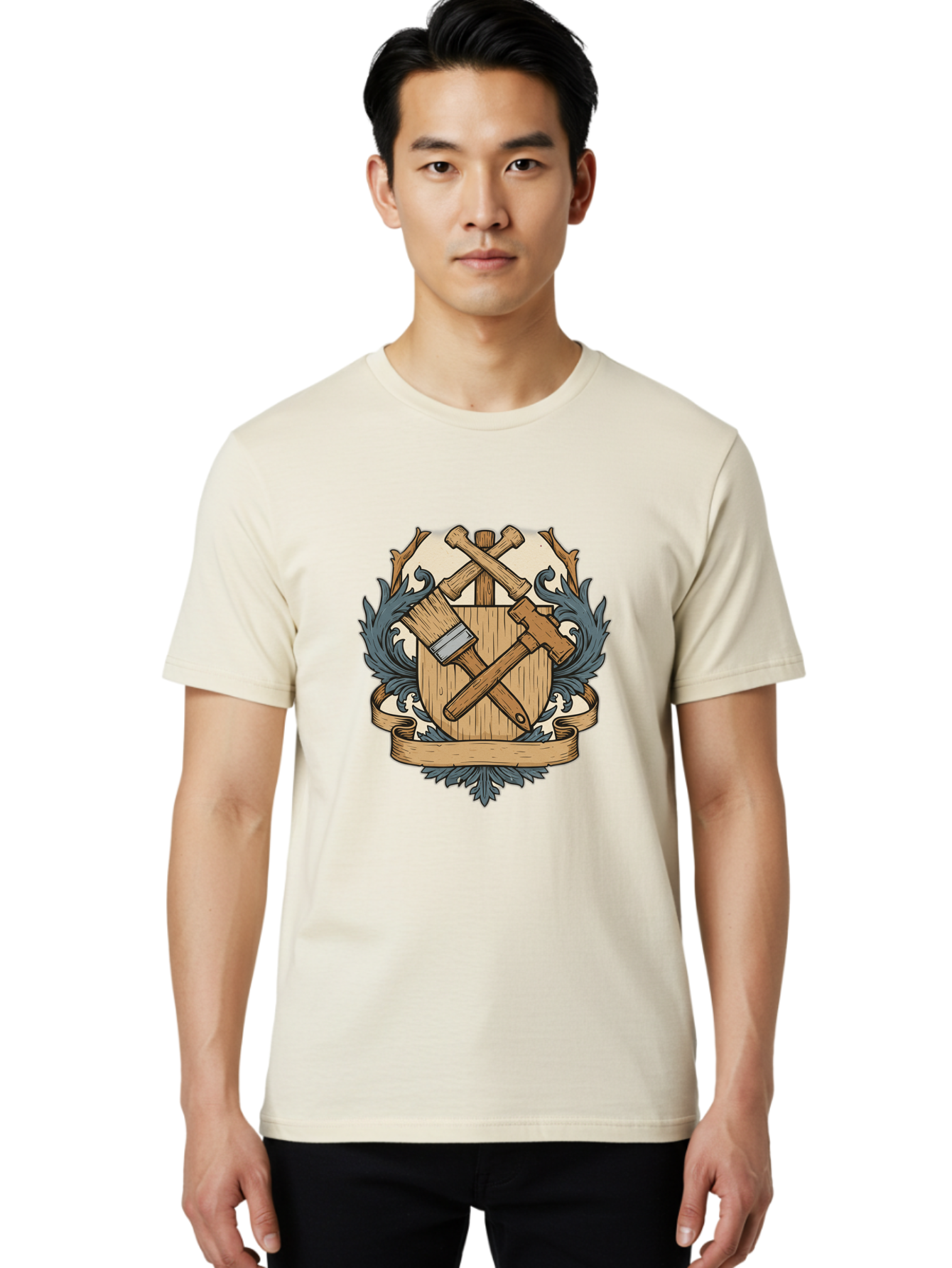 Crisscrossed-Mallets Men'S Graphic Tee, 100% Cotton, Comfortable Casual Summer Wear, Machine Washable, Wooden Shield, Decorative Emblem, Crossed Mallets, Ornate Crest, Heraldic Design, Vintage Logo, Carpentry Tools, Craftsmanship Symbol Bac935