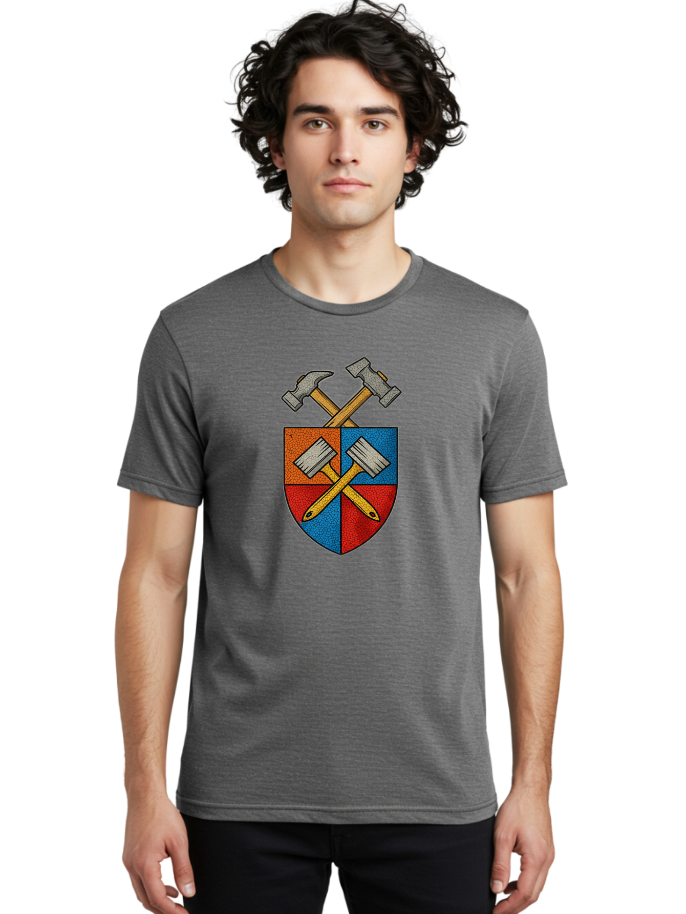 Crossed-Hammers-Coat-Of-Arms Men'S Graphic Tee, 100% Cotton, Comfortable Casual Summer Wear, Machine Washable, Hammers And Pencil, Crossed Tools, Shield Emblem, Carpentry Symbol, Construction Logo, Diy Icon, Craftsmanship Sign Bac937