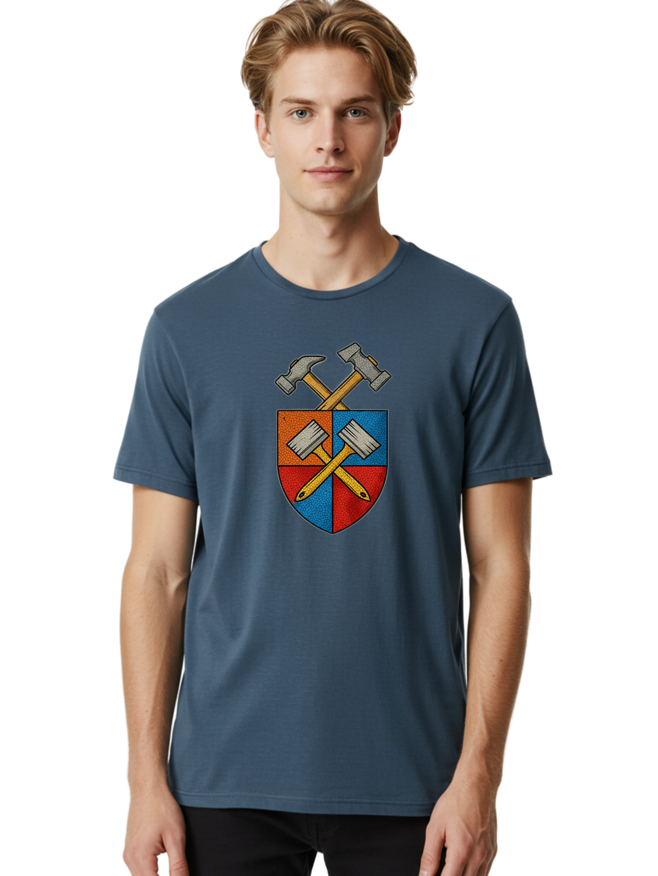 Crossed-Hammers-Coat-Of-Arms Men'S Graphic Tee, 100% Cotton, Comfortable Casual Summer Wear, Machine Washable, Hammers And Pencil, Crossed Tools, Shield Emblem, Carpentry Symbol, Construction Logo, Diy Icon, Craftsmanship Sign Bac937