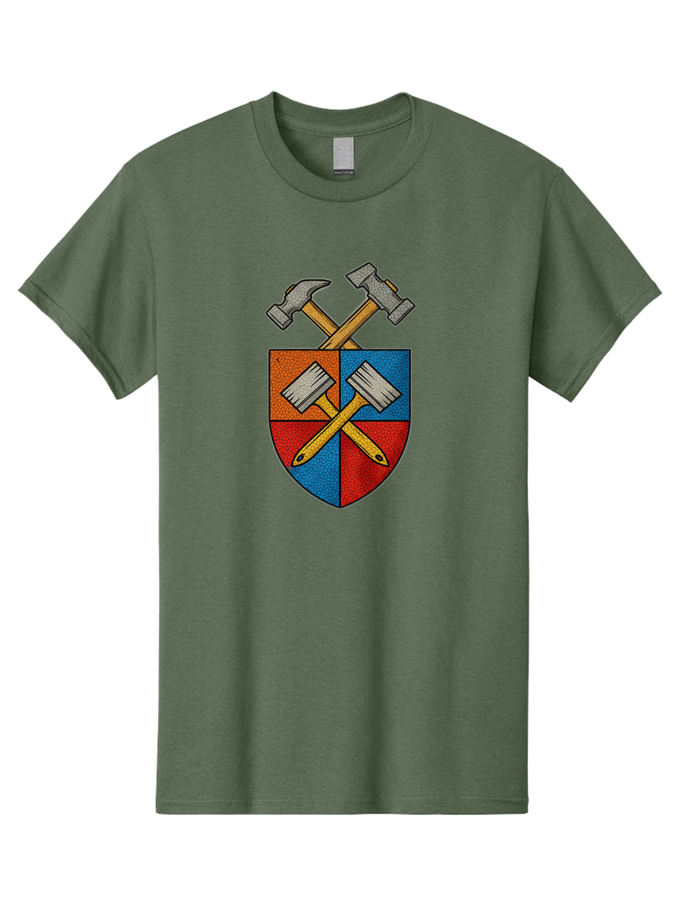 Crossed-Hammers-Coat-Of-Arms Men'S Graphic Tee, 100% Cotton, Comfortable Casual Summer Wear, Machine Washable, Hammers And Pencil, Crossed Tools, Shield Emblem, Carpentry Symbol, Construction Logo, Diy Icon, Craftsmanship Sign Bac937