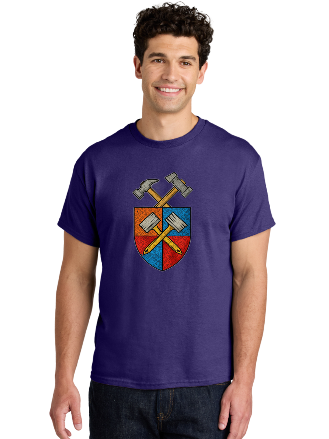 Crossed-Hammers-Coat-Of-Arms Men'S Graphic Tee, 100% Cotton, Comfortable Casual Summer Wear, Machine Washable, Hammers And Pencil, Crossed Tools, Shield Emblem, Carpentry Symbol, Construction Logo, Diy Icon, Craftsmanship Sign Bac937