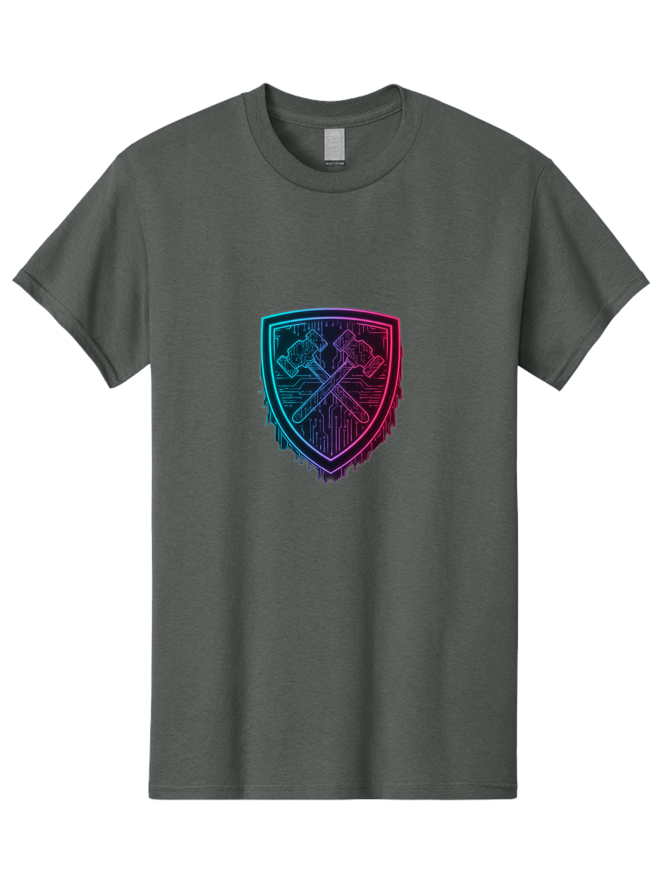 Crossed-Hammers-Shield Men'S Graphic Tee, 100% Cotton, Comfortable Casual Summer Wear, Machine Washable, Cyber Security Logo, Crossed Hammers Emblem, Shield Icon, Neon Lights, Futuristic Design, Tech Logo, Hammer And Shield Symbol, Bac938