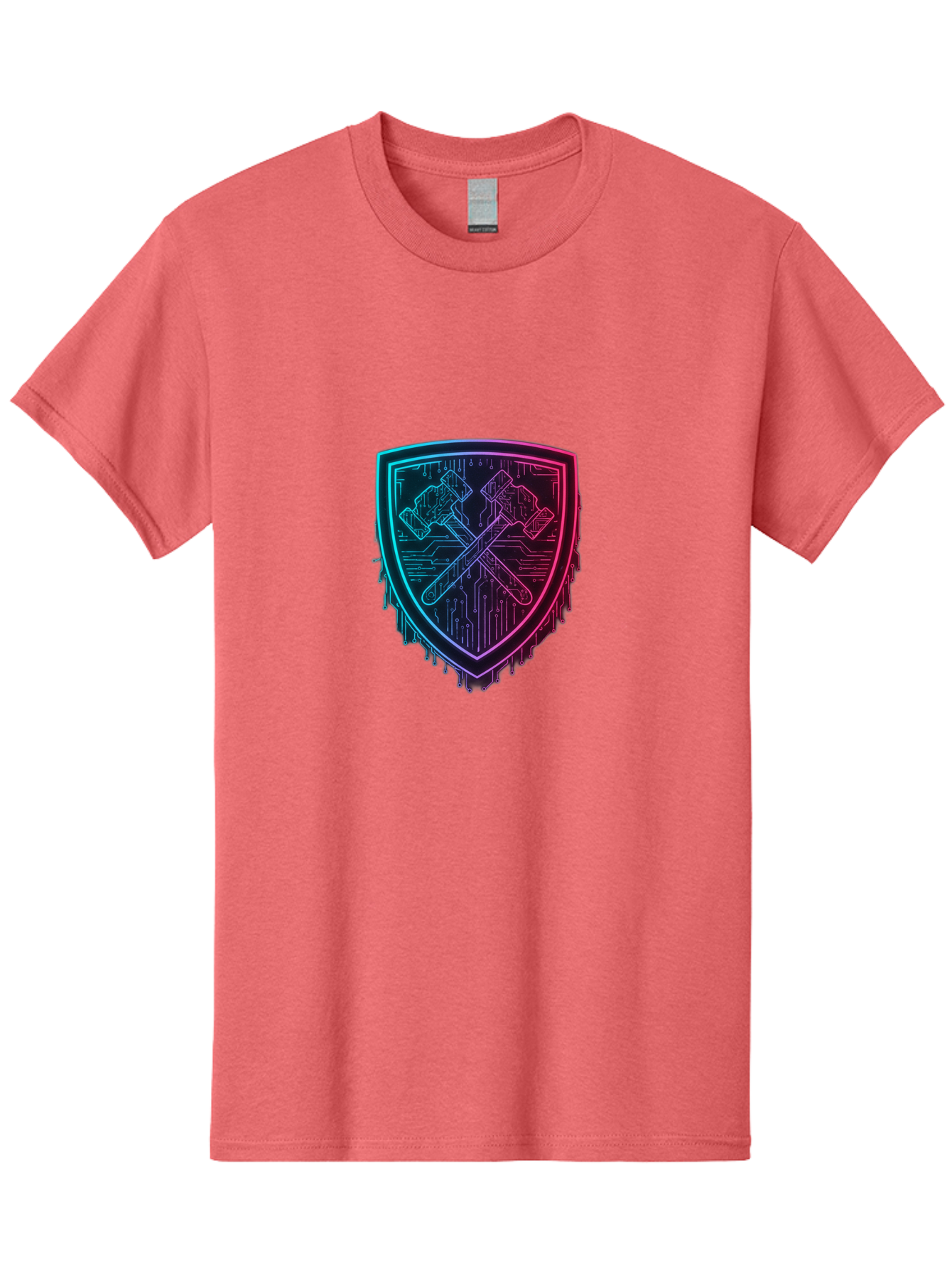 Crossed-Hammers-Shield Men'S Graphic Tee, 100% Cotton, Comfortable Casual Summer Wear, Machine Washable, Cyber Security Logo, Crossed Hammers Emblem, Shield Icon, Neon Lights, Futuristic Design, Tech Logo, Hammer And Shield Symbol, Bac938