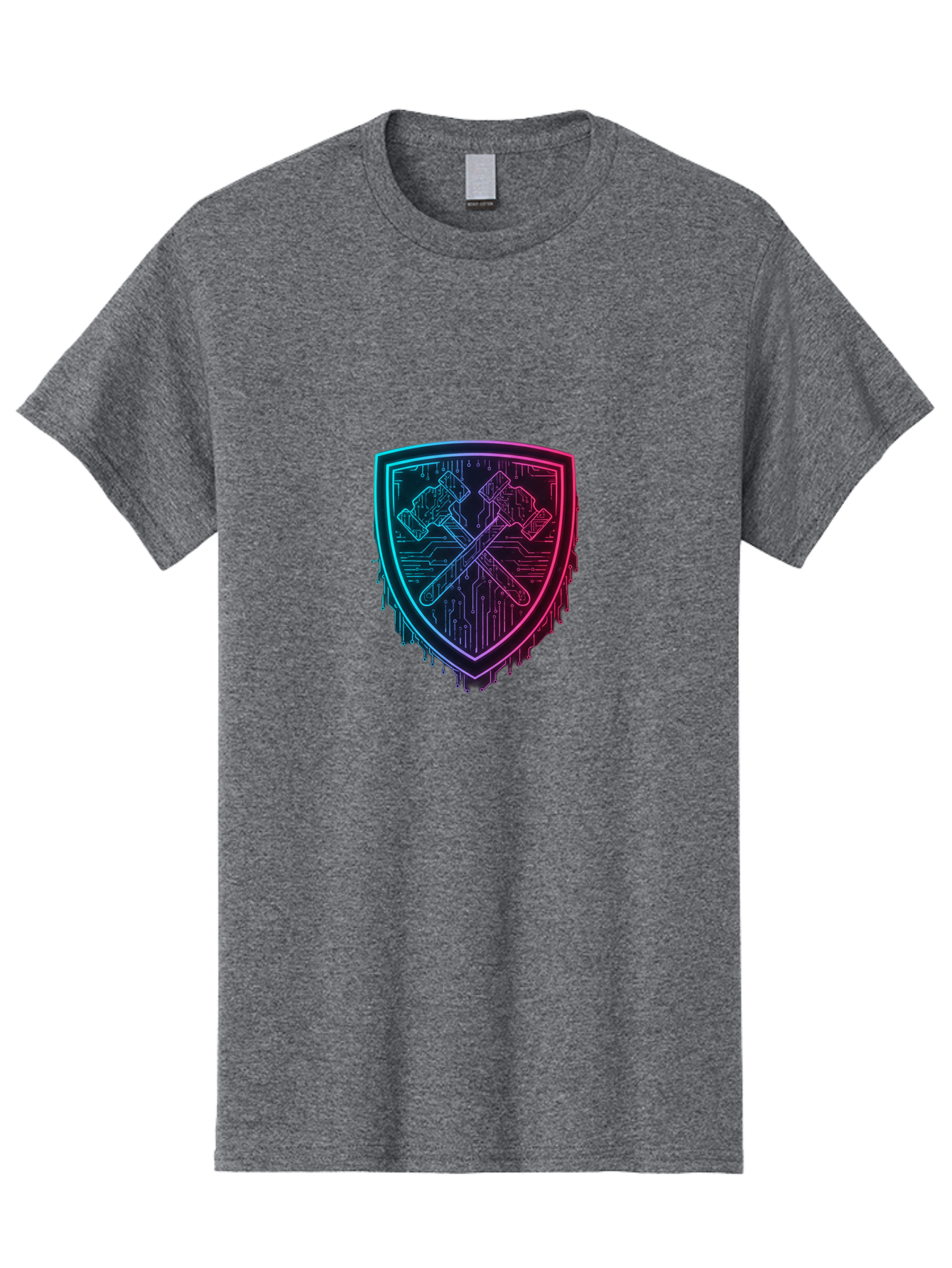 Crossed-Hammers-Shield Men'S Graphic Tee, 100% Cotton, Comfortable Casual Summer Wear, Machine Washable, Cyber Security Logo, Crossed Hammers Emblem, Shield Icon, Neon Lights, Futuristic Design, Tech Logo, Hammer And Shield Symbol, Bac938