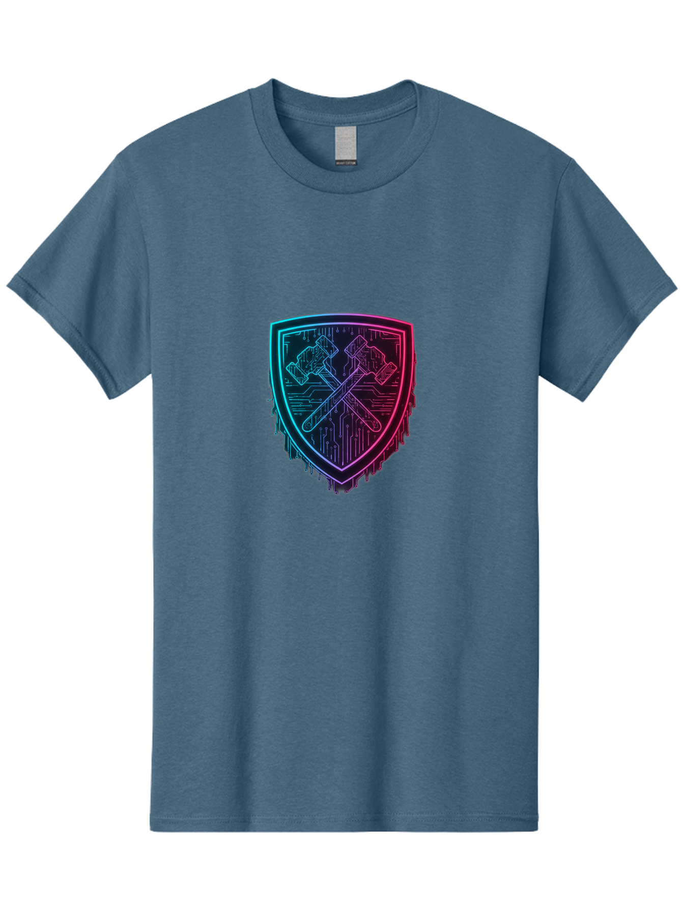 Crossed-Hammers-Shield Men'S Graphic Tee, 100% Cotton, Comfortable Casual Summer Wear, Machine Washable, Cyber Security Logo, Crossed Hammers Emblem, Shield Icon, Neon Lights, Futuristic Design, Tech Logo, Hammer And Shield Symbol, Bac938