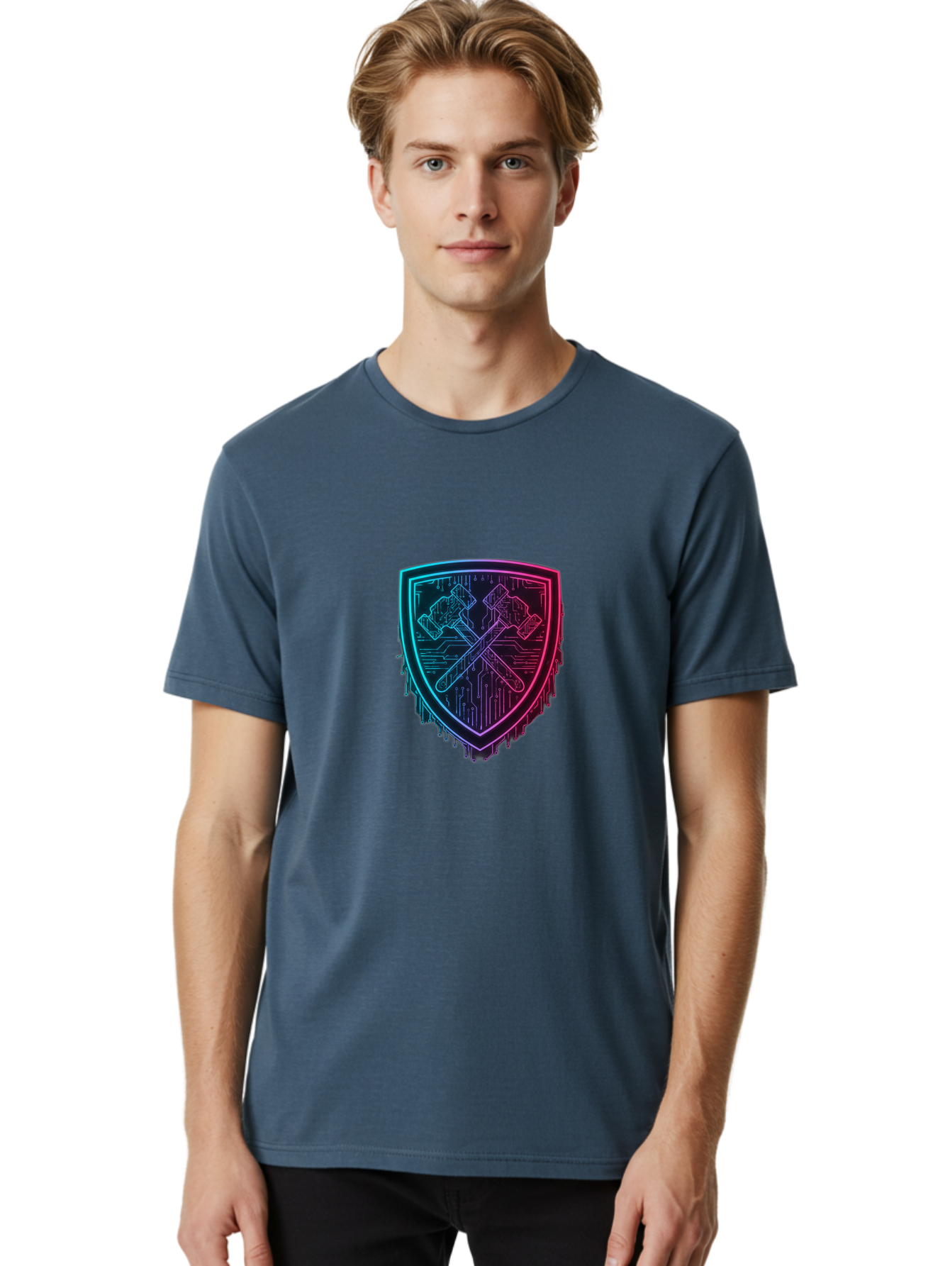 Crossed-Hammers-Shield Men'S Graphic Tee, 100% Cotton, Comfortable Casual Summer Wear, Machine Washable, Cyber Security Logo, Crossed Hammers Emblem, Shield Icon, Neon Lights, Futuristic Design, Tech Logo, Hammer And Shield Symbol, Bac938