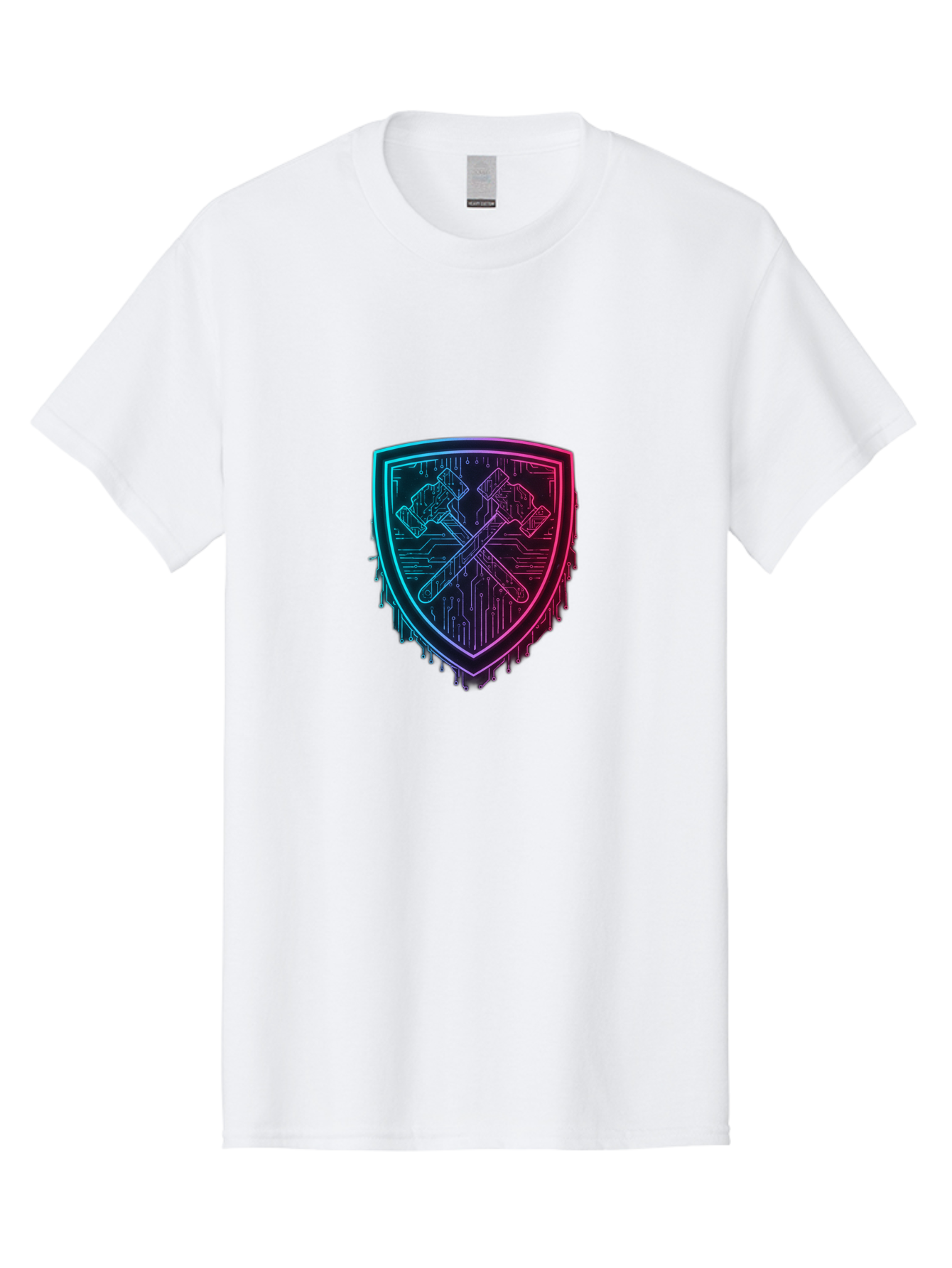 Crossed-Hammers-Shield Men'S Graphic Tee, 100% Cotton, Comfortable Casual Summer Wear, Machine Washable, Cyber Security Logo, Crossed Hammers Emblem, Shield Icon, Neon Lights, Futuristic Design, Tech Logo, Hammer And Shield Symbol, Bac938