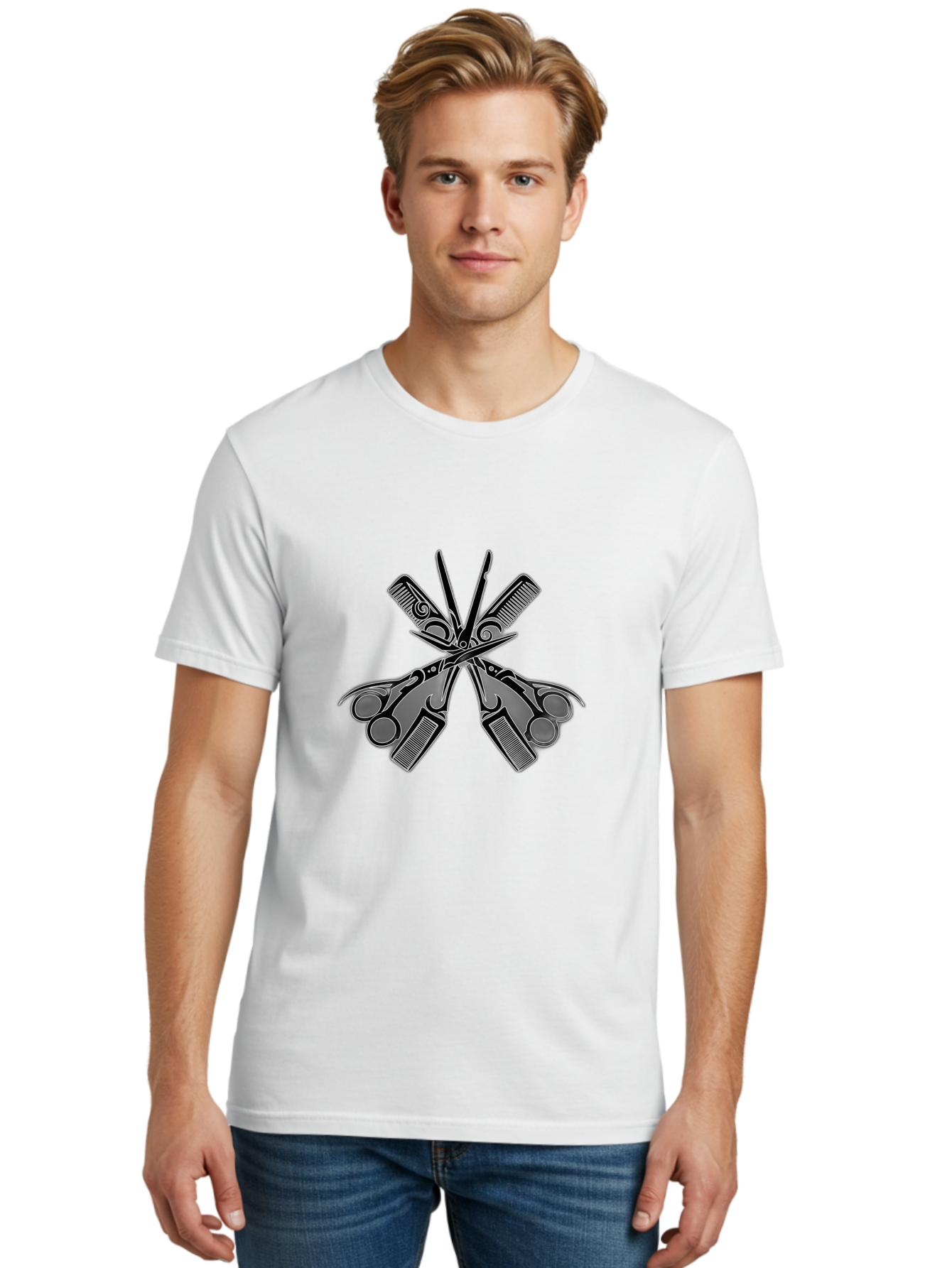 Crossed-Scissors-And-Razors Men'S Graphic Tee, 100% Cotton, Comfortable Casual Summer Wear, Machine Washable, Barber Scissors, Hair Clippers, Grooming Equipment, Salon Tools, Barber Shop, Cutting Instruments, Hairstyling, Grooming Supplies, Bac940