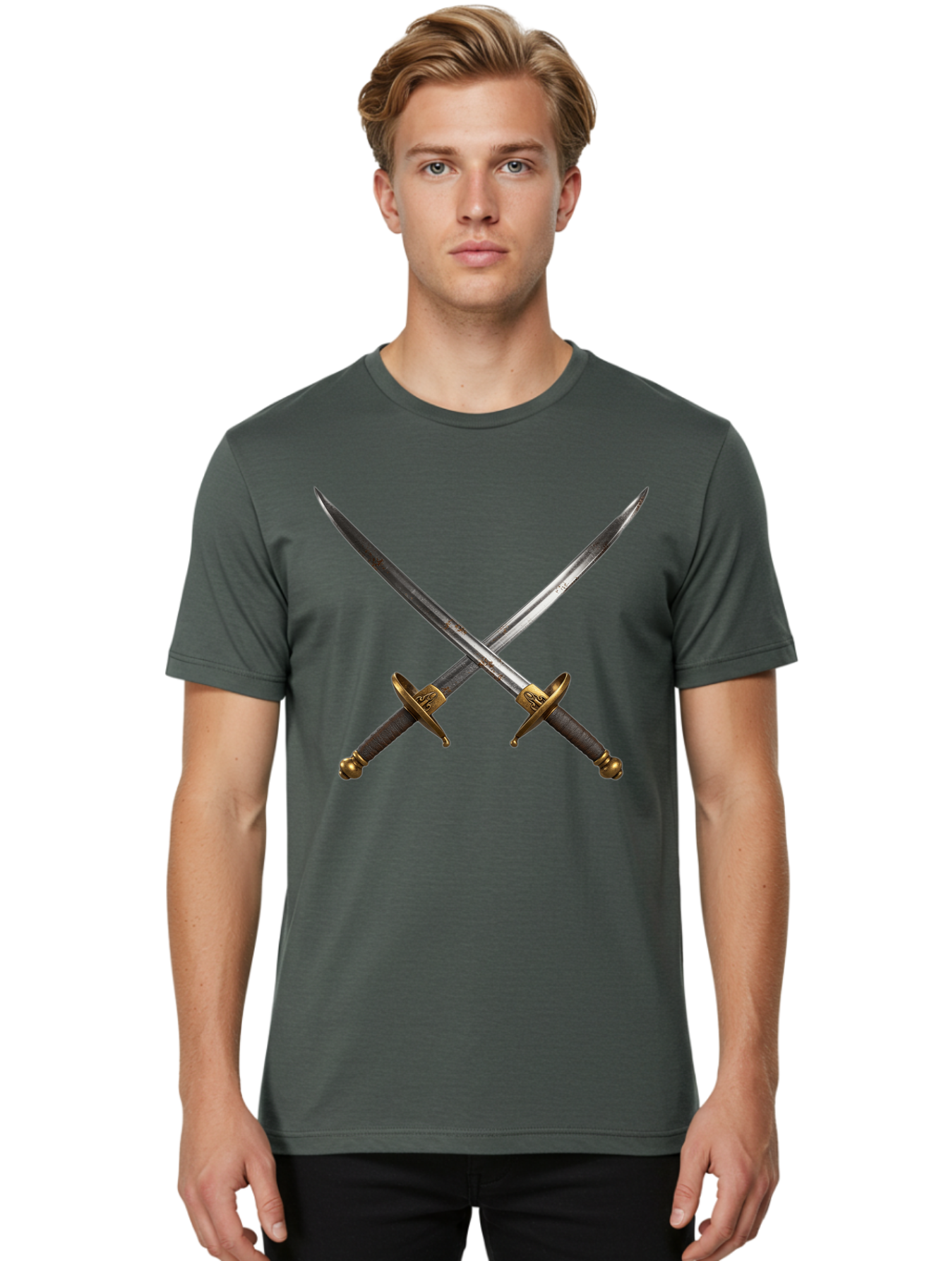 Crossed-Swords-1 Men'S Graphic Tee, 100% Cotton, Comfortable Casual Summer Wear, Machine Washable, Crossed Swords, Medieval Weapons, Sword Fight, Dueling Swords, Historical Blades, Battle Ready, Sharp Steel, Gold Hilts, Leather Grips Bac941