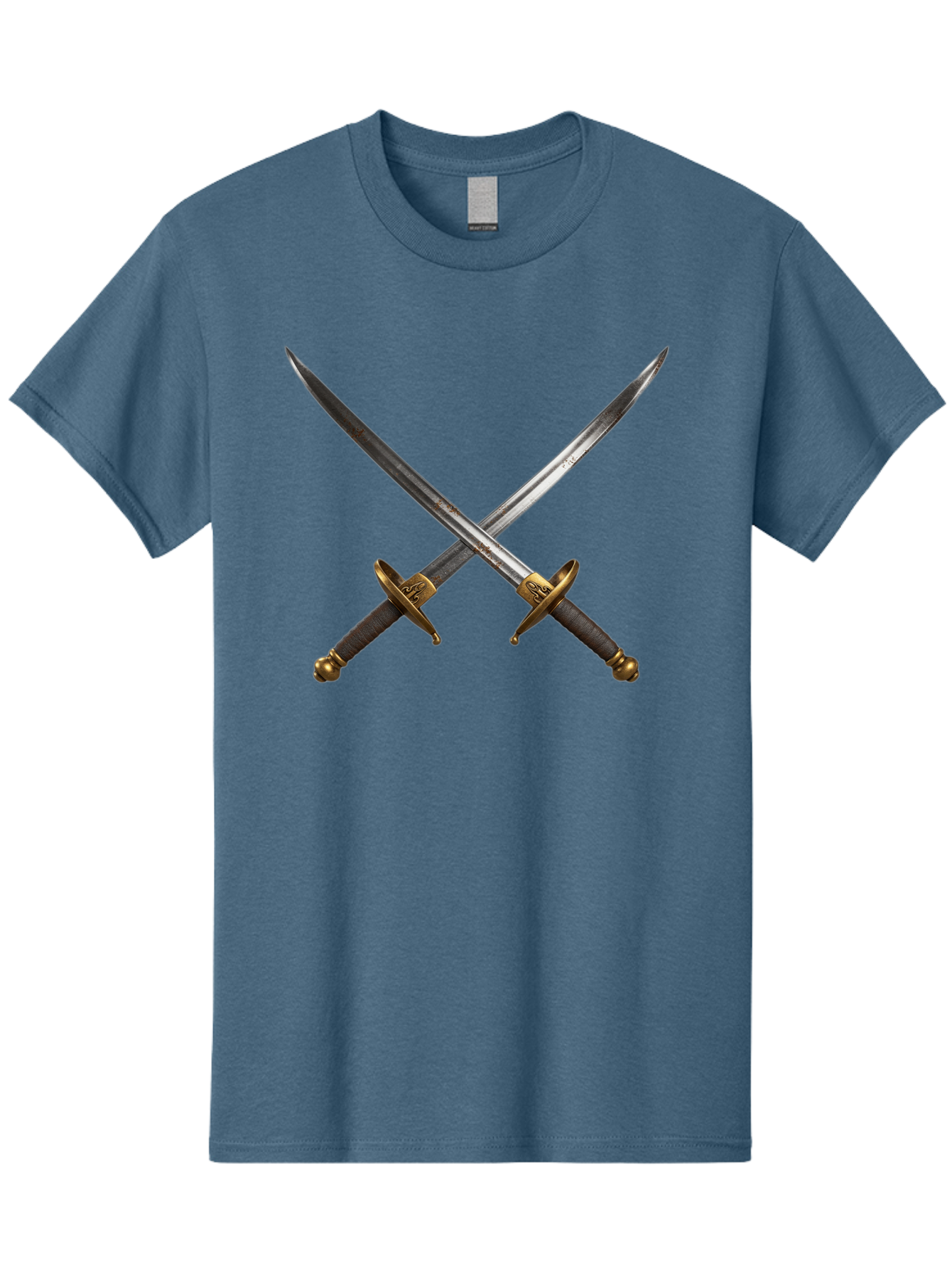 Crossed-Swords-1 Men'S Graphic Tee, 100% Cotton, Comfortable Casual Summer Wear, Machine Washable, Crossed Swords, Medieval Weapons, Sword Fight, Dueling Swords, Historical Blades, Battle Ready, Sharp Steel, Gold Hilts, Leather Grips Bac941