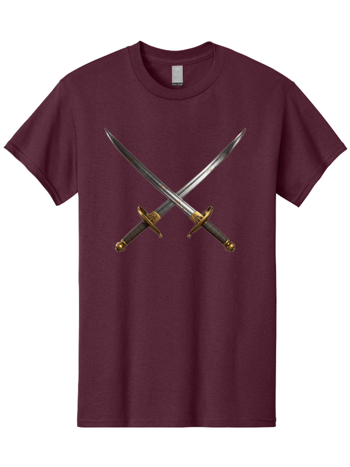 Crossed-Swords-1 Men'S Graphic Tee, 100% Cotton, Comfortable Casual Summer Wear, Machine Washable, Crossed Swords, Medieval Weapons, Sword Fight, Dueling Swords, Historical Blades, Battle Ready, Sharp Steel, Gold Hilts, Leather Grips Bac941