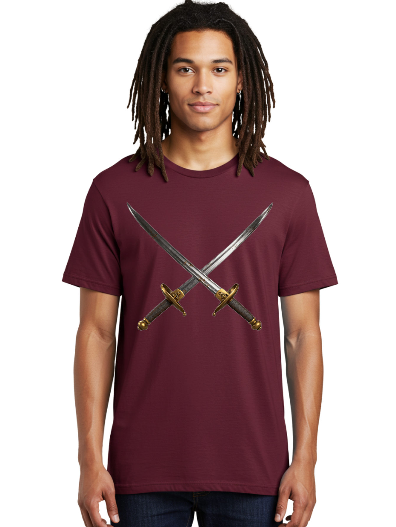 Crossed-Swords-1 Men'S Graphic Tee, 100% Cotton, Comfortable Casual Summer Wear, Machine Washable, Crossed Swords, Medieval Weapons, Sword Fight, Dueling Swords, Historical Blades, Battle Ready, Sharp Steel, Gold Hilts, Leather Grips Bac941