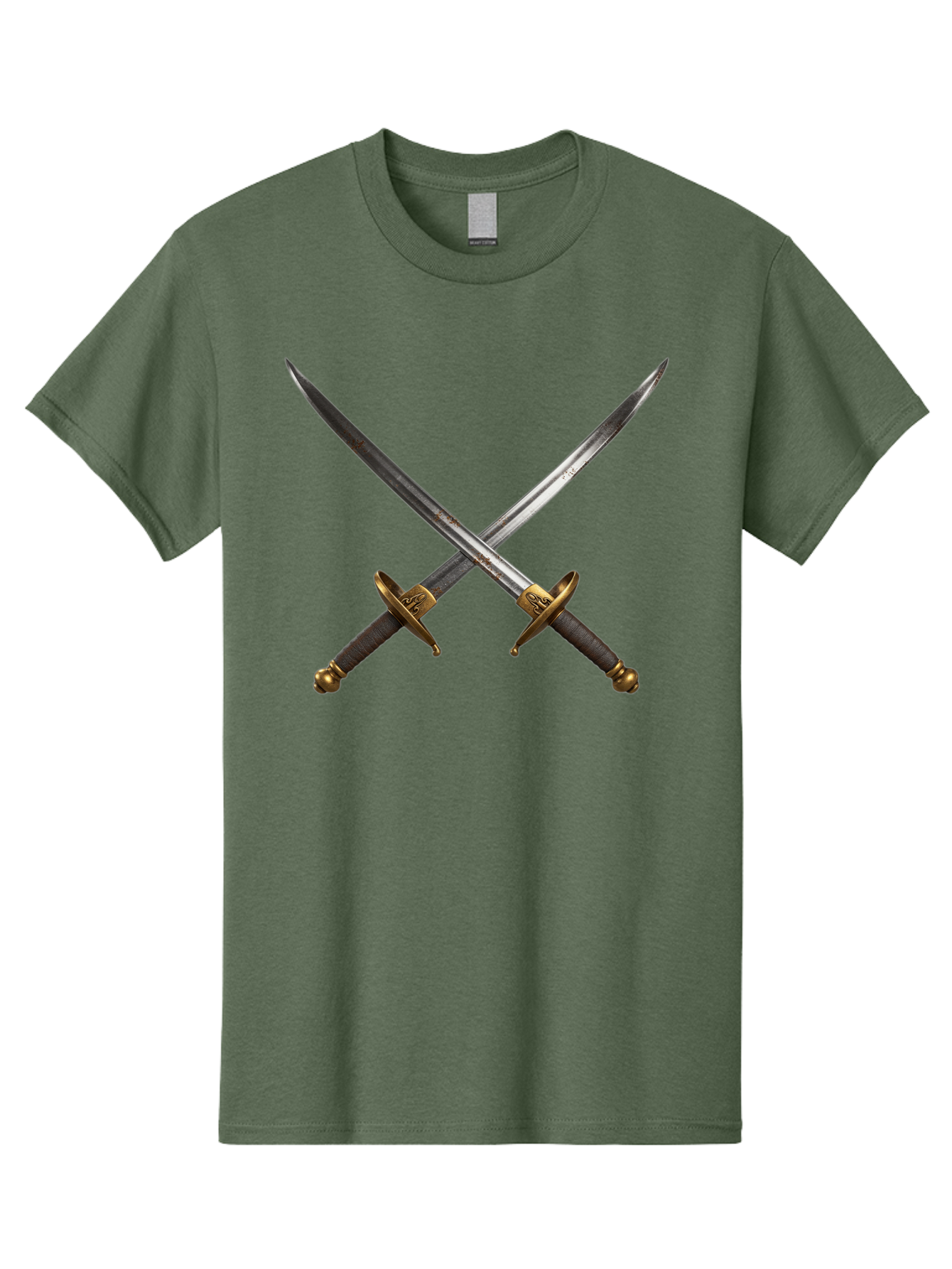 Crossed-Swords-1 Men'S Graphic Tee, 100% Cotton, Comfortable Casual Summer Wear, Machine Washable, Crossed Swords, Medieval Weapons, Sword Fight, Dueling Swords, Historical Blades, Battle Ready, Sharp Steel, Gold Hilts, Leather Grips Bac941