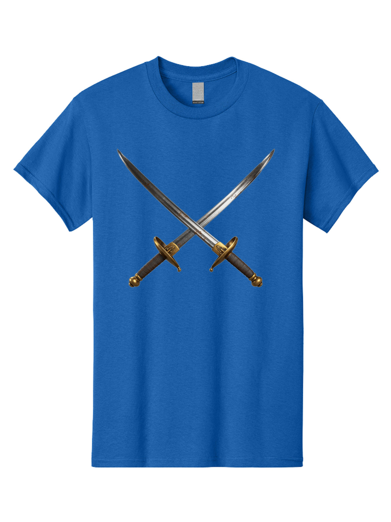 Crossed-Swords-1 Men'S Graphic Tee, 100% Cotton, Comfortable Casual Summer Wear, Machine Washable, Crossed Swords, Medieval Weapons, Sword Fight, Dueling Swords, Historical Blades, Battle Ready, Sharp Steel, Gold Hilts, Leather Grips Bac941