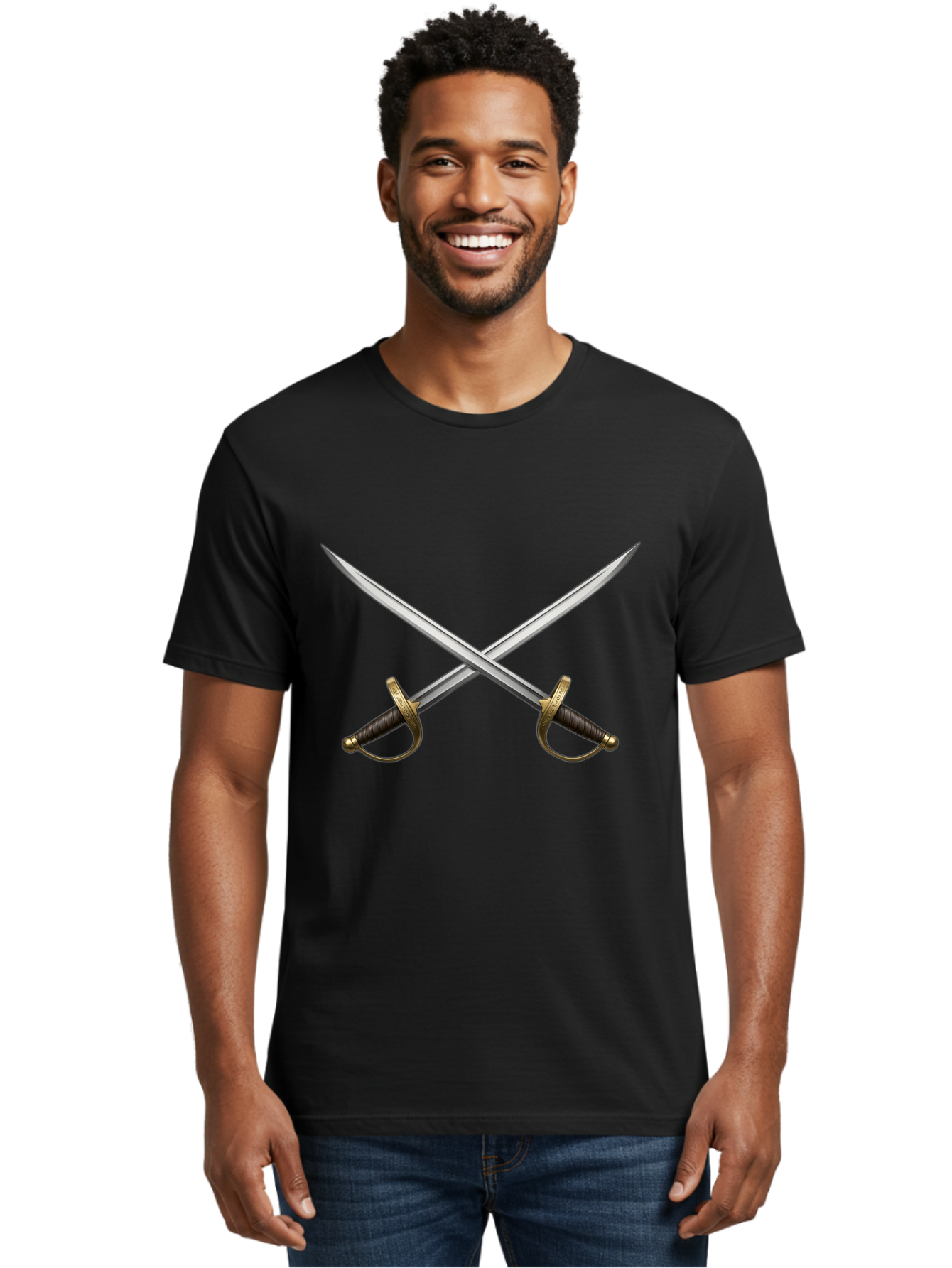 Crossed-Swords-3 Men'S Graphic Tee, 100% Cotton, Comfortable Casual Summer Wear, Machine Washable, Crossed Swords, Dueling Swords, Medieval Swords, Sharp Blades, Black Handles, Gold Accents, Symbolic Imagery, Martial Arts, Historical Combat Bac943