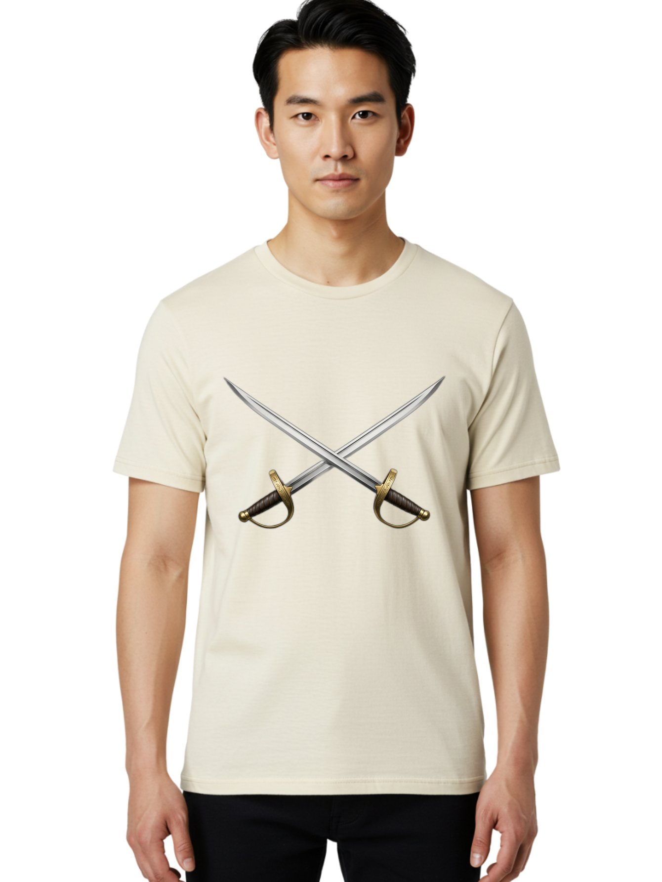 Crossed-Swords-3 Men'S Graphic Tee, 100% Cotton, Comfortable Casual Summer Wear, Machine Washable, Crossed Swords, Dueling Swords, Medieval Swords, Sharp Blades, Black Handles, Gold Accents, Symbolic Imagery, Martial Arts, Historical Combat Bac943